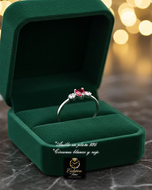 Anillo en plata 925 con circones de corazon rojo/blanco