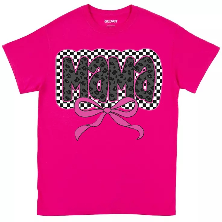 Mama Checkered Cheetah Bow T-Shirt