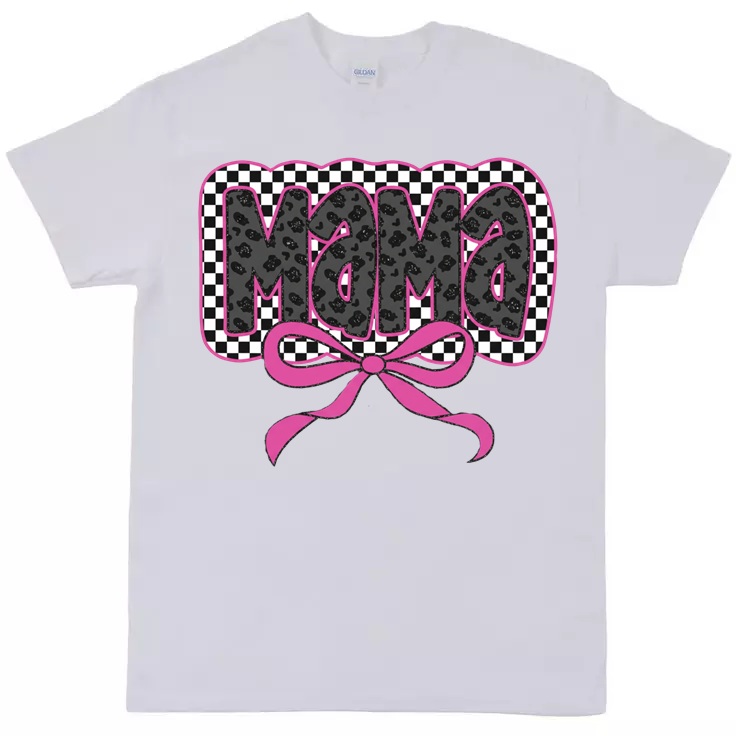 Mama Checkered Cheetah Bow T-Shirt