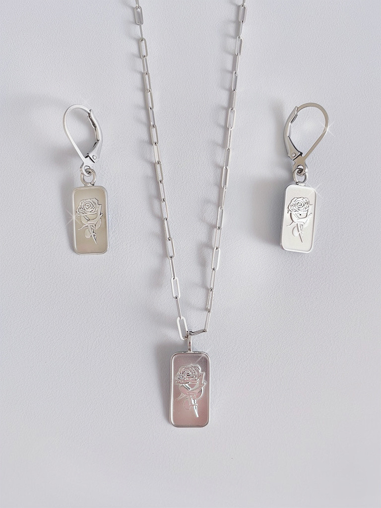 Silver Rose Bullion Pendant/Earring set with Box