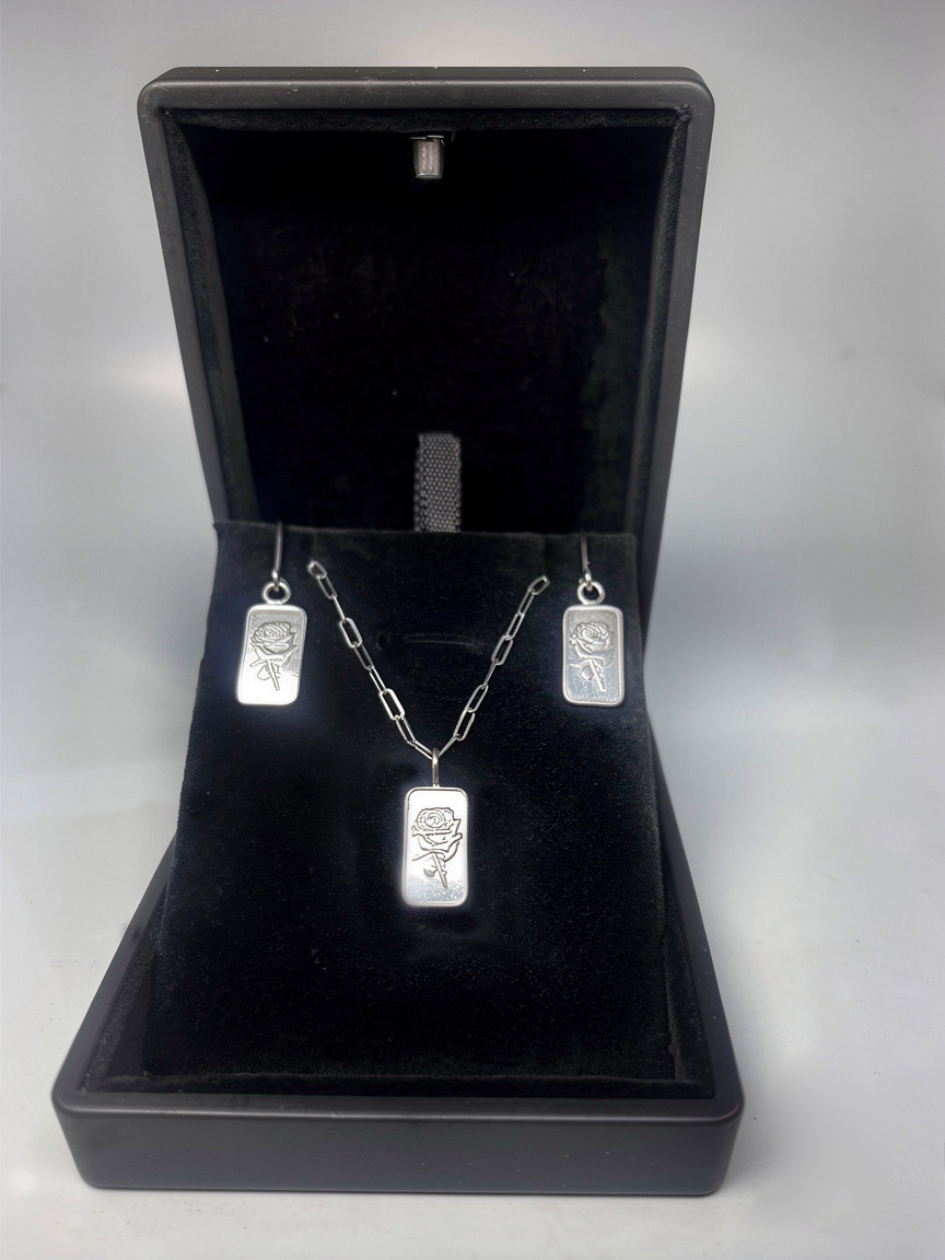 Silver Rose Bullion Pendant/Earring set with Box