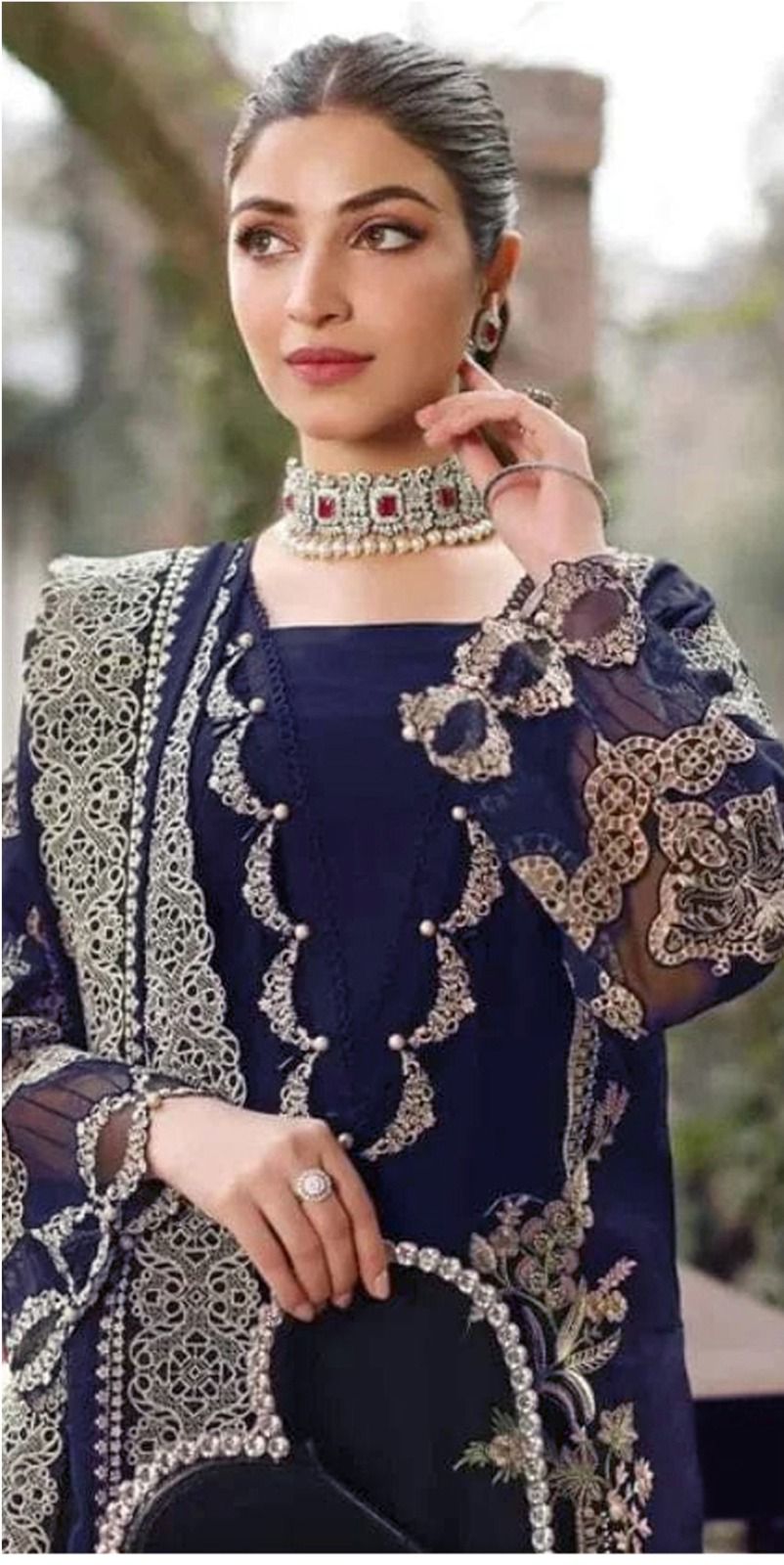 Navy Embroidered Chiffon Dress