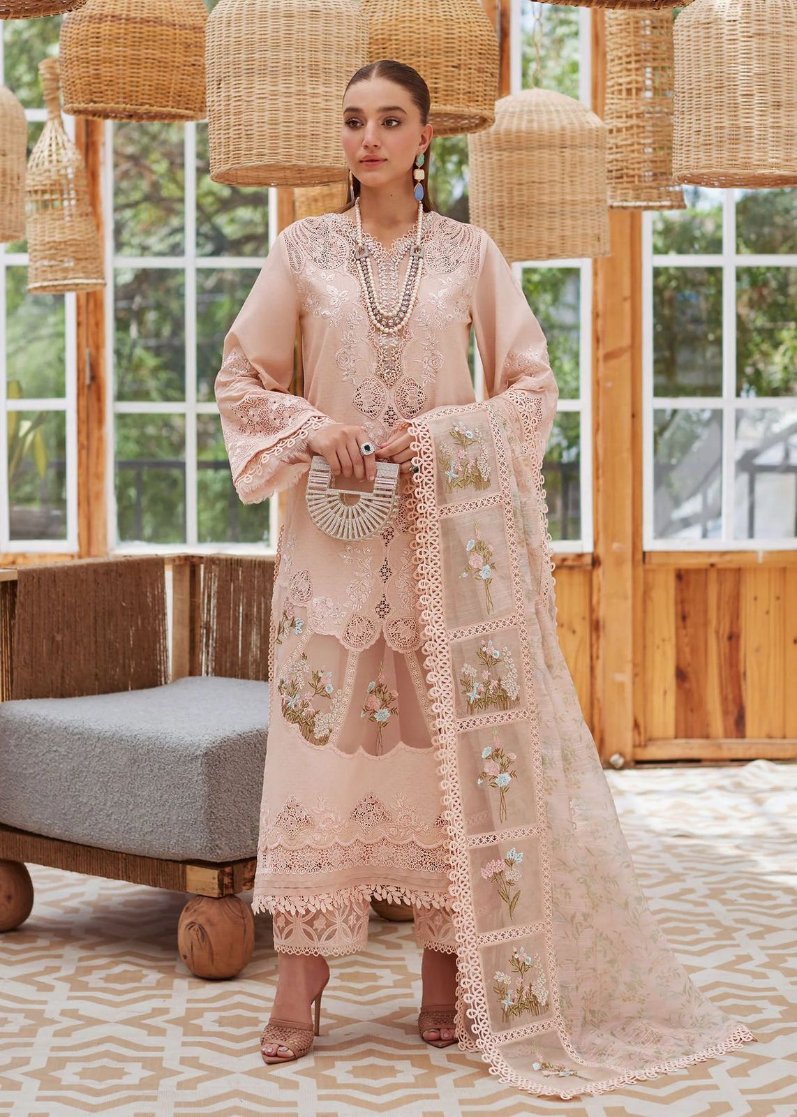 Embroidered Peach Chiffon Suit