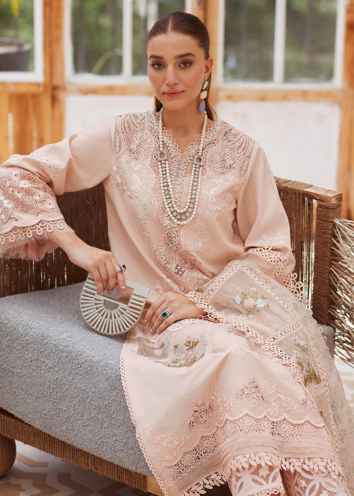 Embroidered Peach Chiffon Suit
