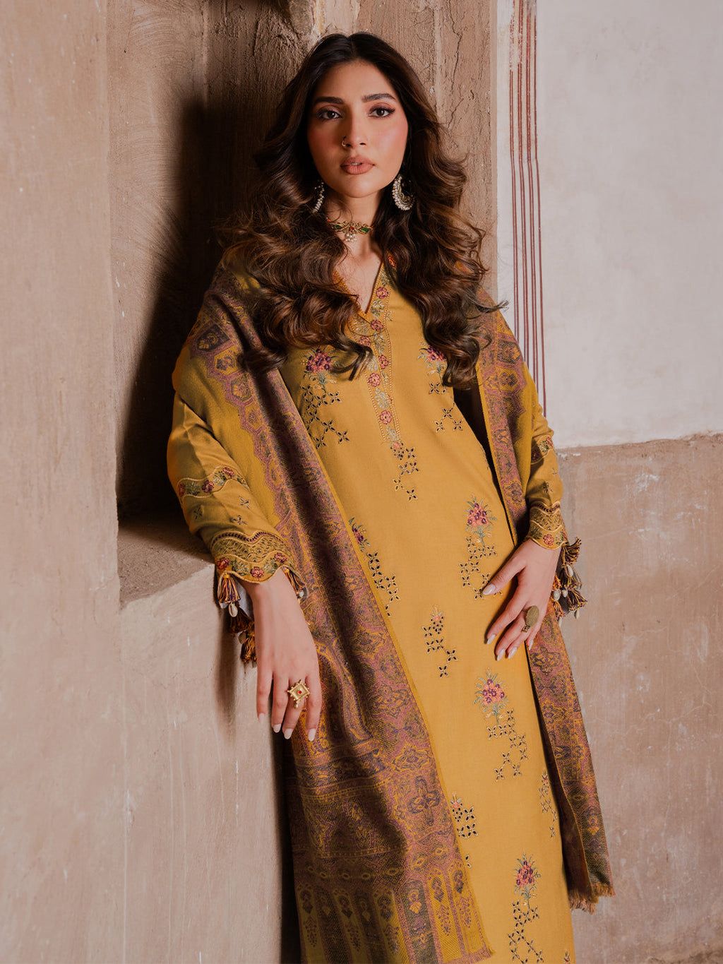 Embroidered Mustard Lawn Suit