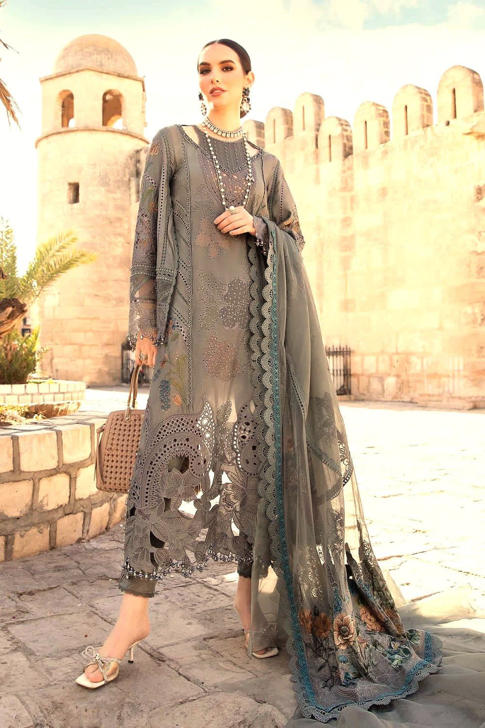 Elegant Grey Embroidered Lawn Suit