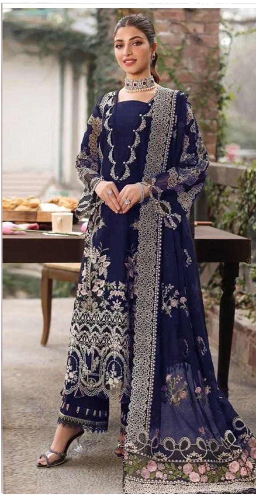 Navy Embroidered Chiffon Dress