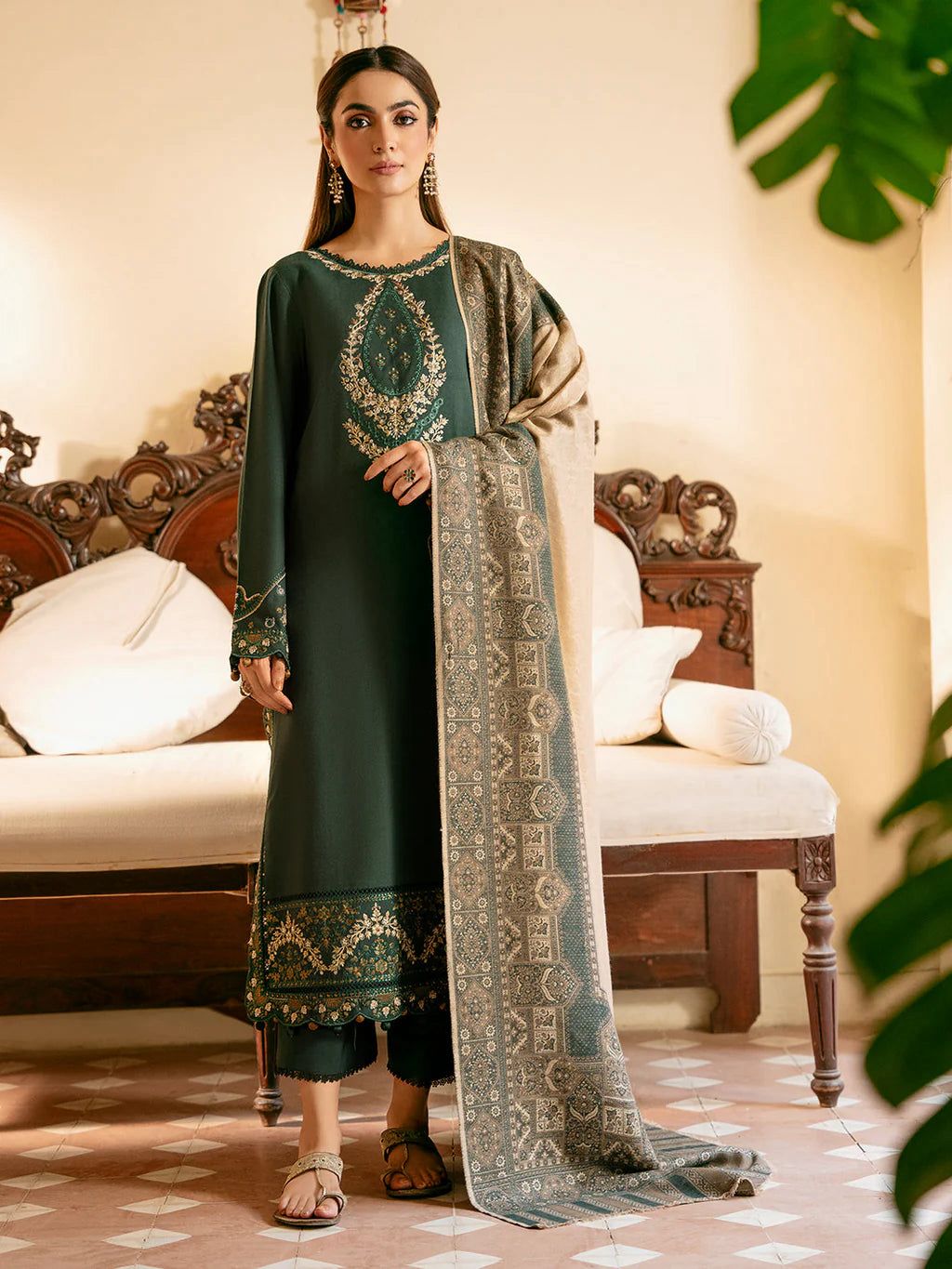 Embroidered Green Lawn Suit