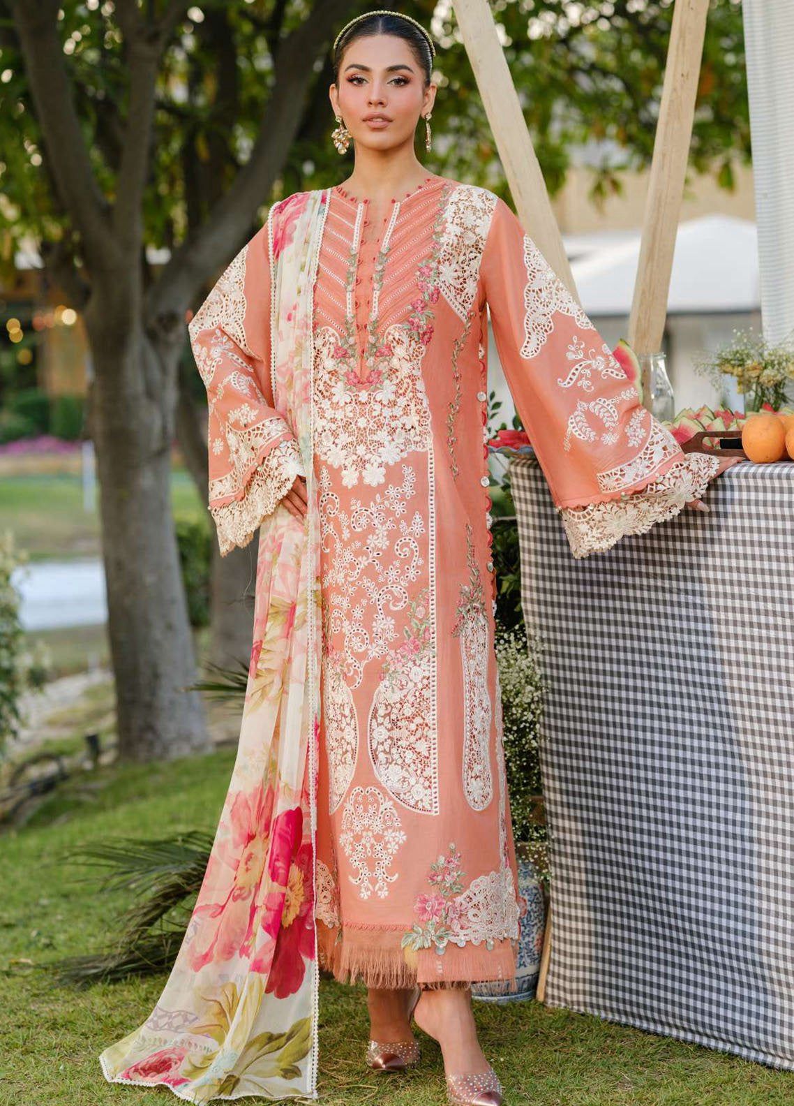 Peach Floral Lawn Suit
