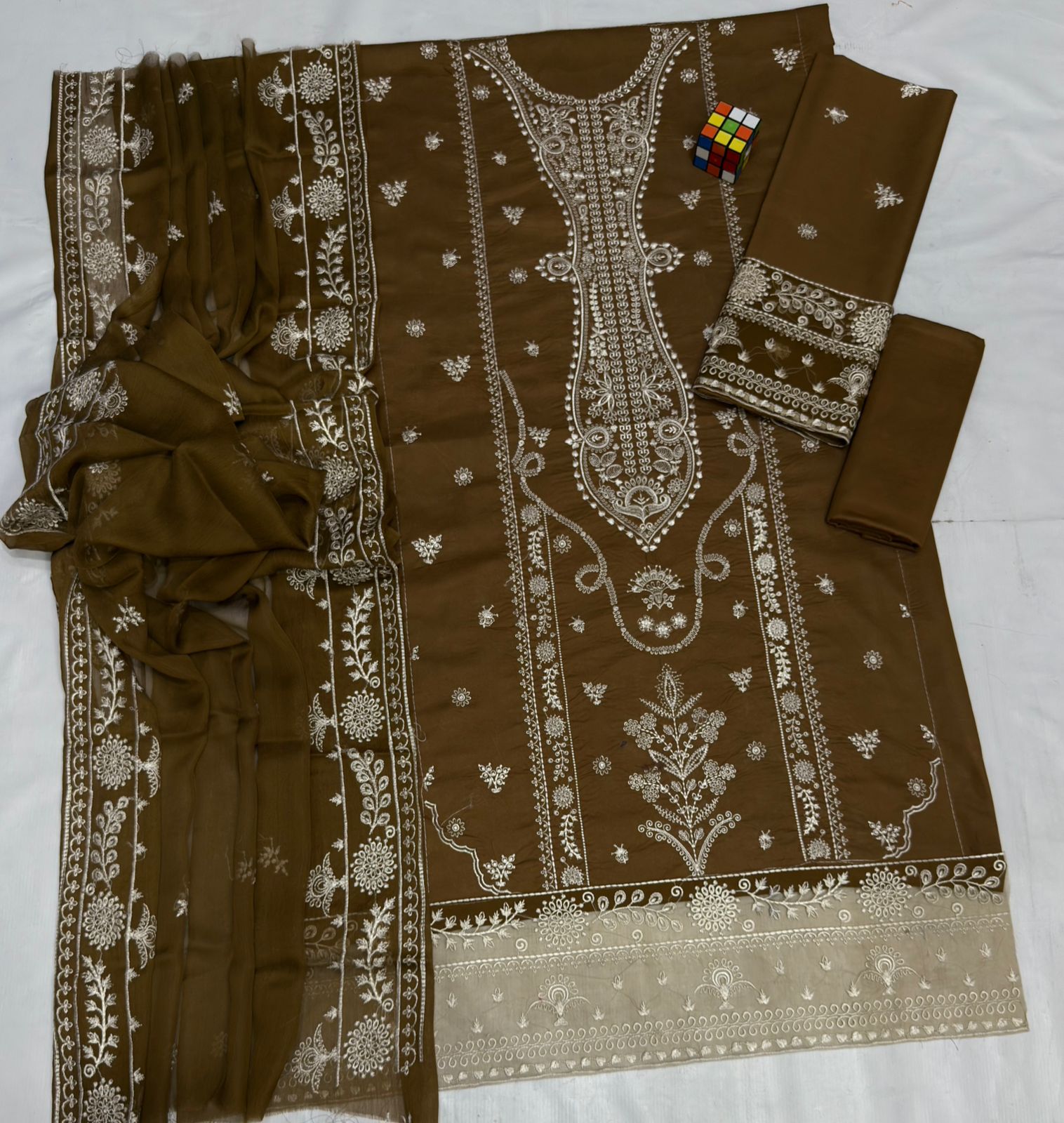 Embroidered Olive Green 3-Piece Suit