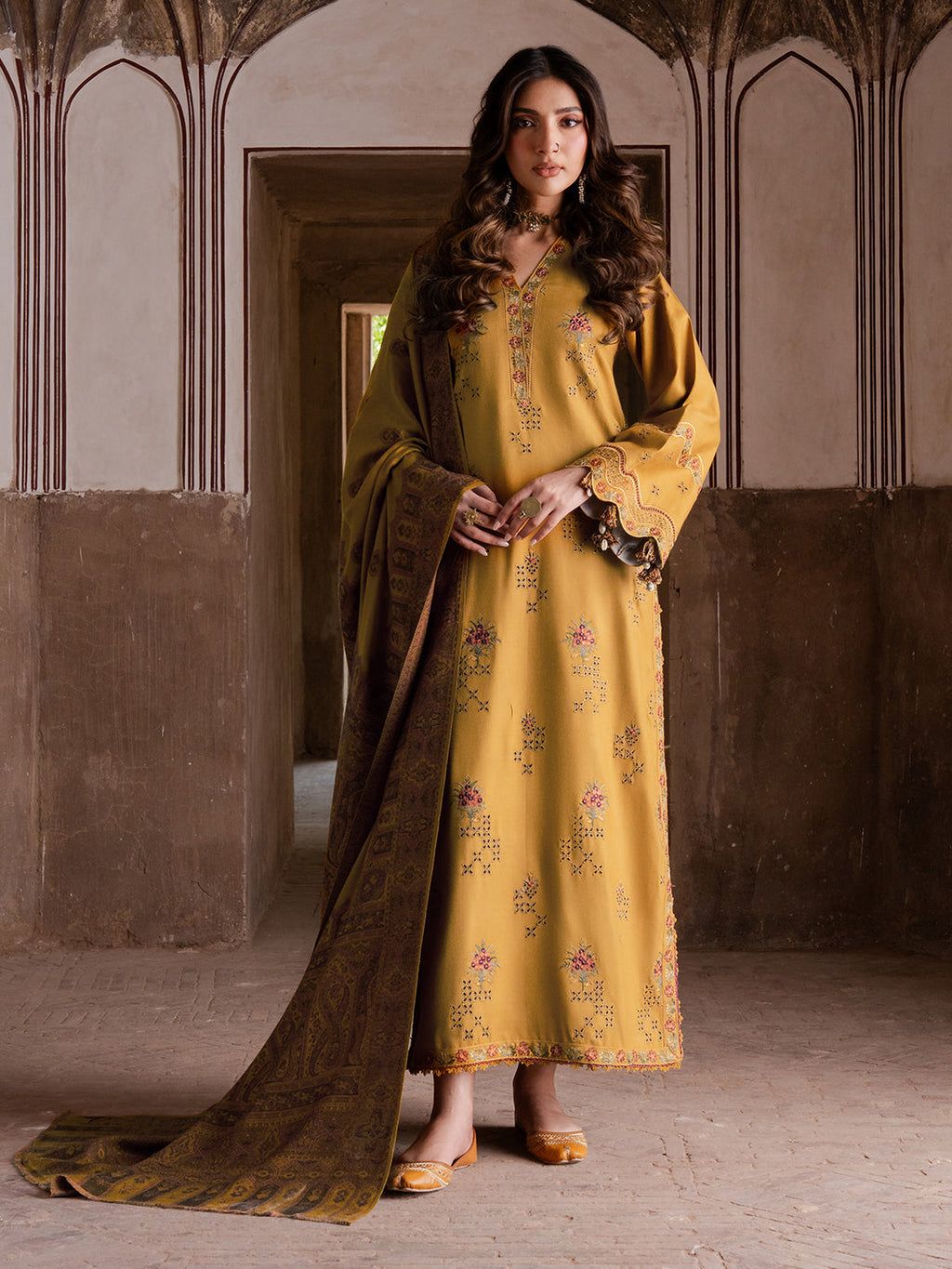 Embroidered Mustard Lawn Suit