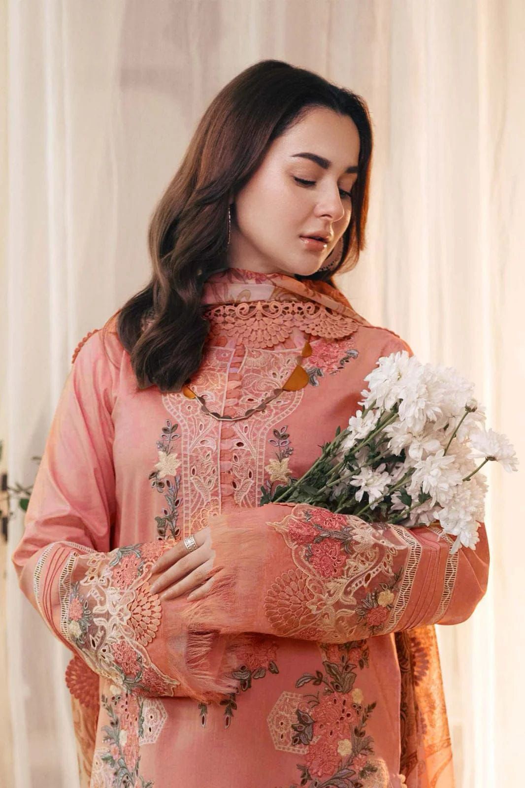 Embroidered Peach Lawn Suit