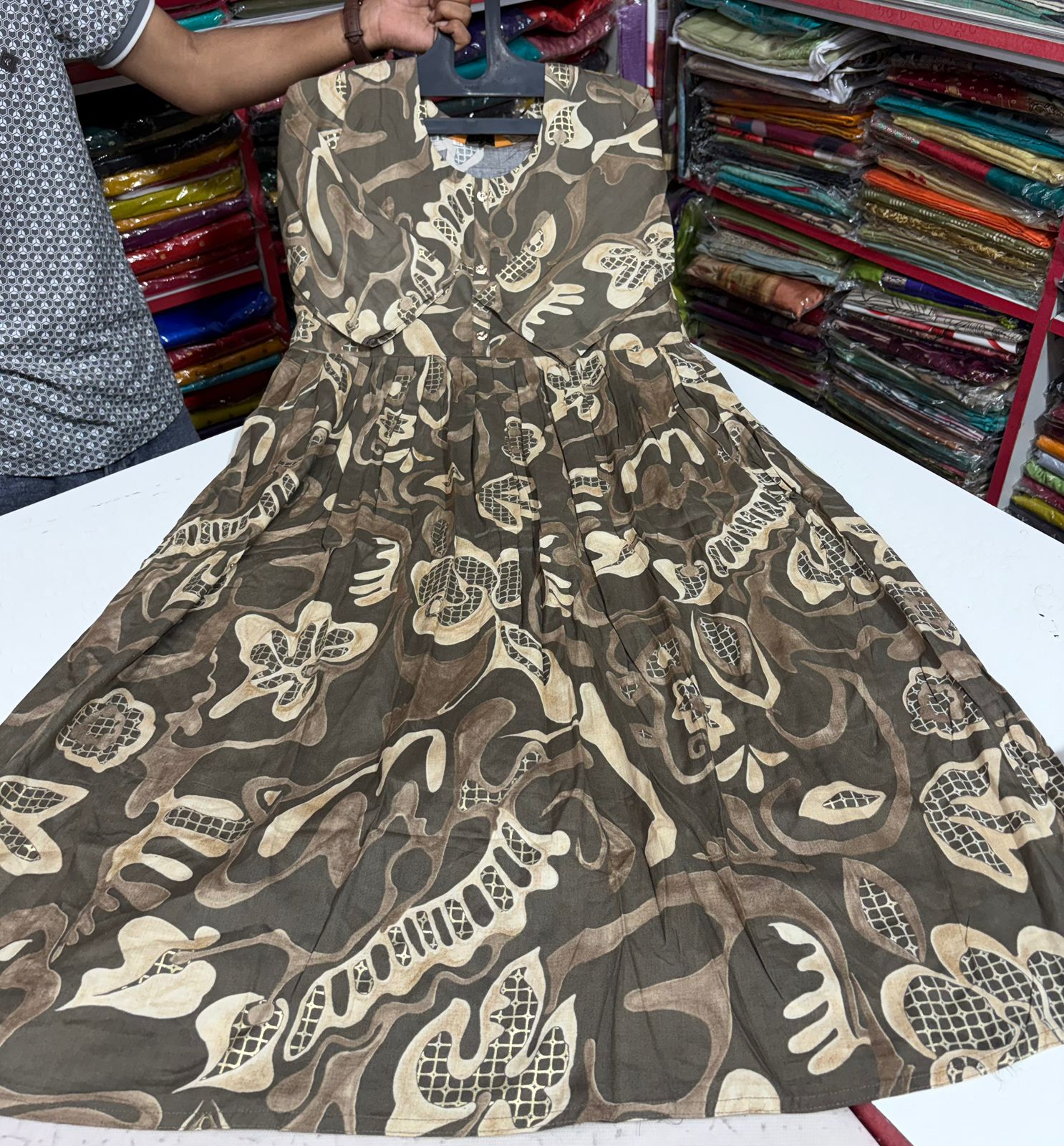 Brown Floral Print Cotton Dress