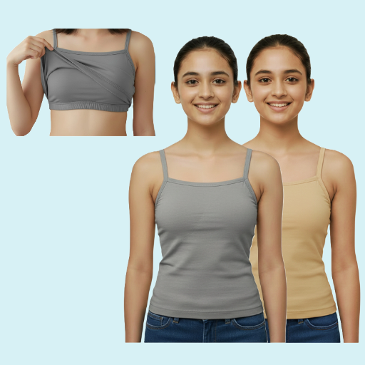 Camisole | Slips with in-Built Bra for Girls 9-16Yrs | Adjustable Straps | Non-Padded | Perfect for School & Daily Wear | Pack of 2 | Beige & Steel Grey Color