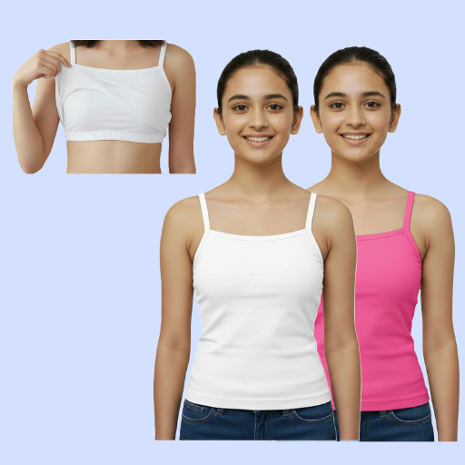 Camisole | Slips with in-Built Bra for Girls 9-16Yrs | Adjustable Straps | Non-Padded | Perfect for School & Daily Wear | Pack of 2 | White & Pink Color
