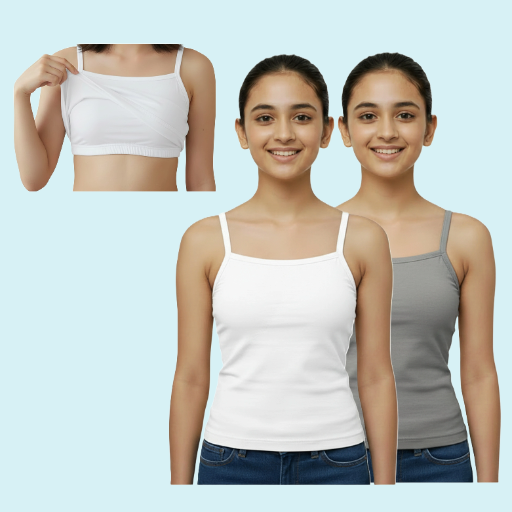 Camisole | Slips with in-Built Bra for Girls 9-16Yrs | Adjustable Straps | Non-Padded | Perfect for School & Daily Wear | Pack of 2 | White & Steel Grey Color