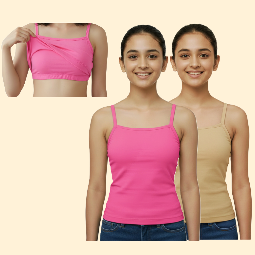 Camisole | Slips with in-Built Bra for Girls 9-16Yrs | Adjustable Straps | Non-Padded | Perfect for School & Daily Wear | Pack of 2  | Beige & Pink Color
