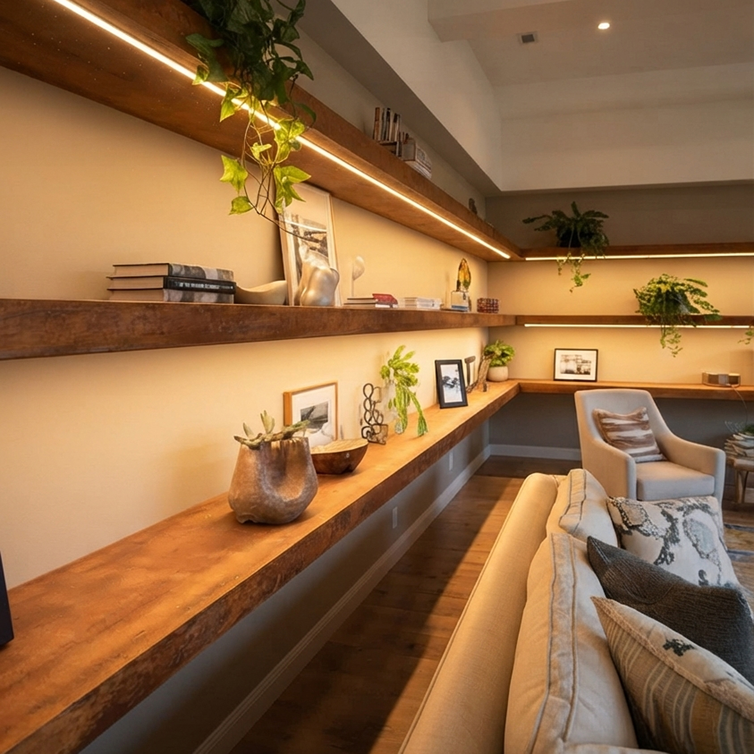 LED Floating Wooden Wall Shelves for Living Room