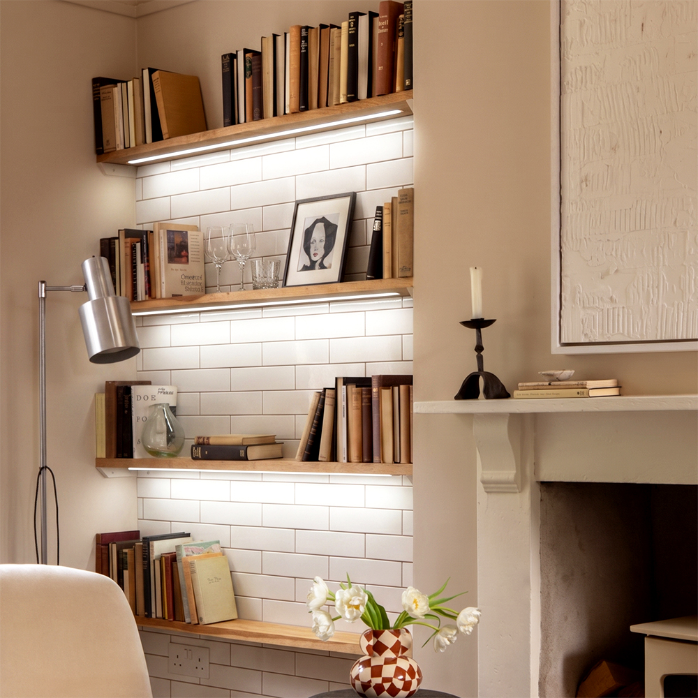 Natural Wood Alcove Shelving with Lights