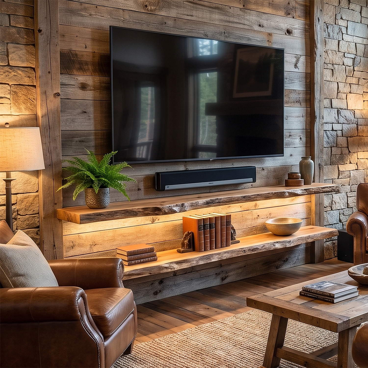 LED Floating Wooden Wall Shelves for Living Room