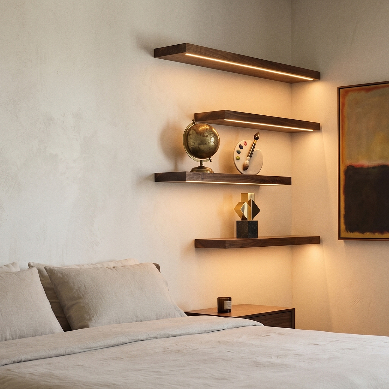Natural Wood LED Floating Shelves for Bedroom