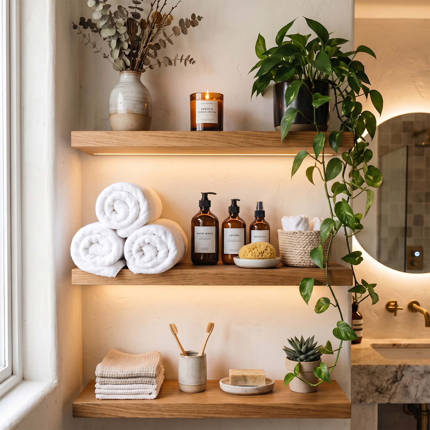 LED Wooden Floating Shelves for Bathroom