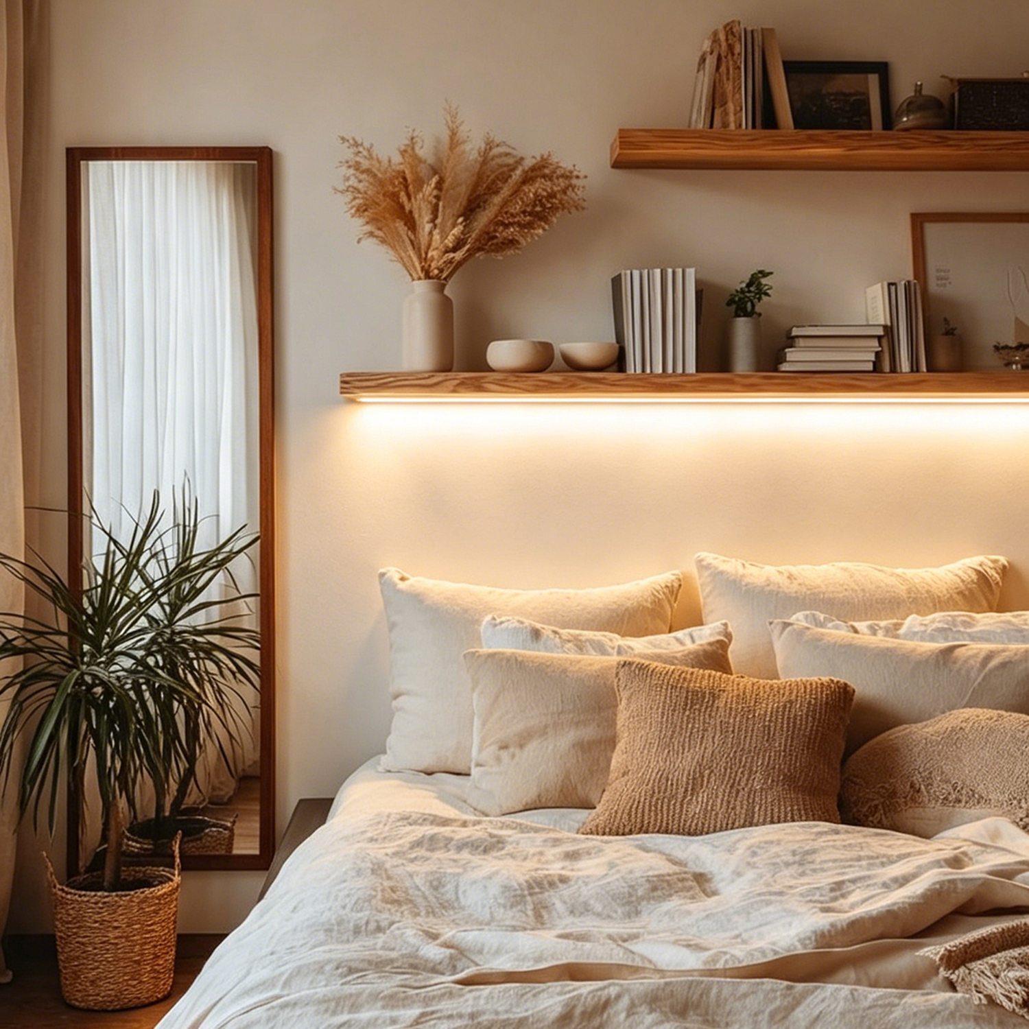 Natural Wood LED Floating Shelves for Bedroom