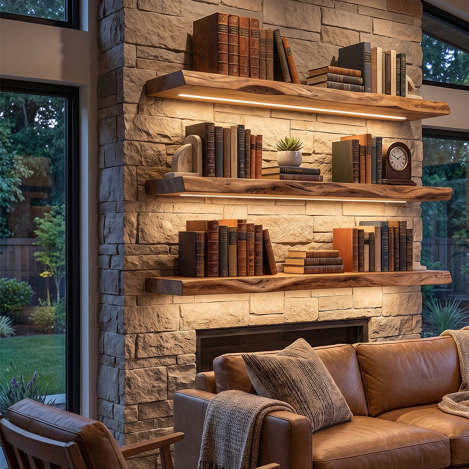 Live Edge Solid Wood Floating Shelves with LED Light