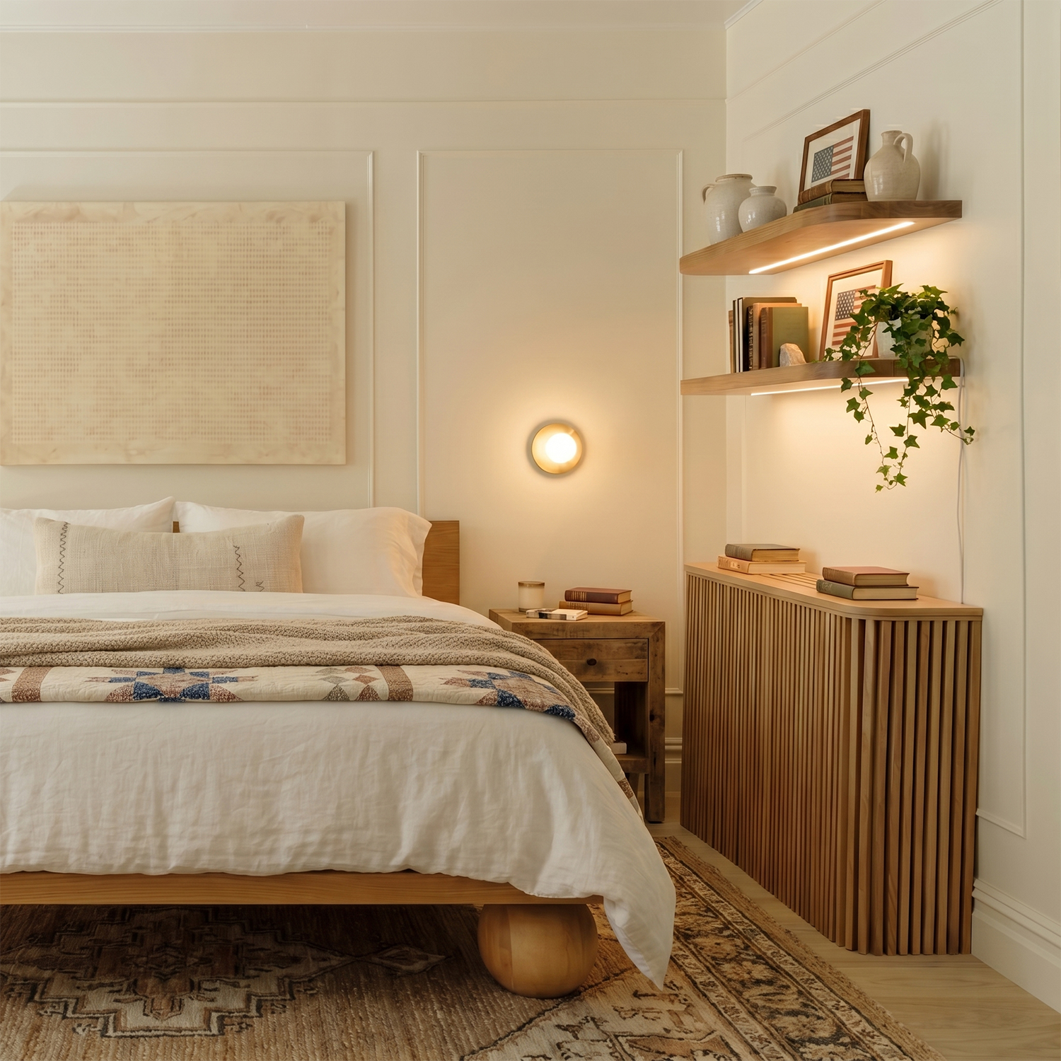Natural Wood LED Floating Shelves for Bedroom