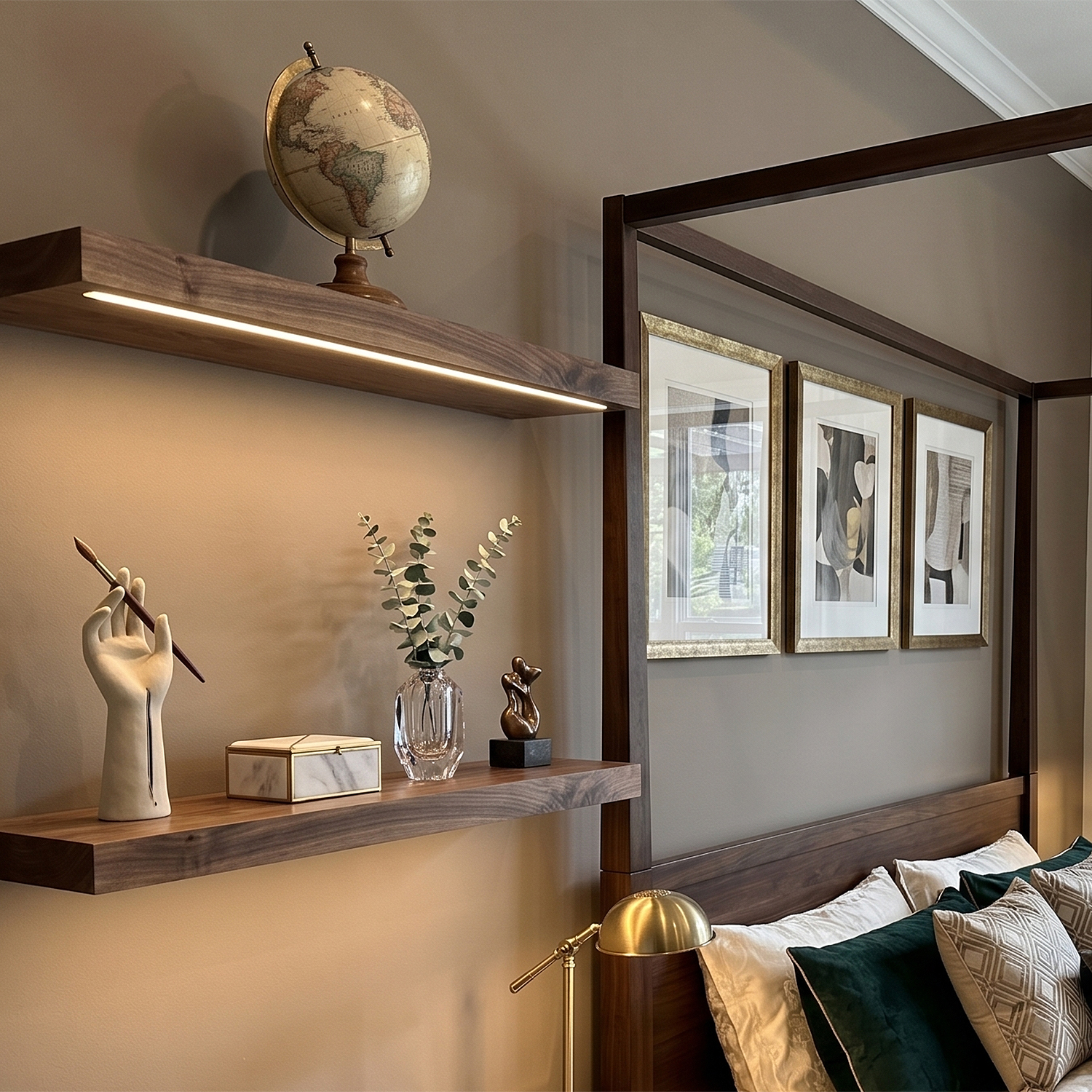Natural Wood LED Floating Shelves for Bedroom
