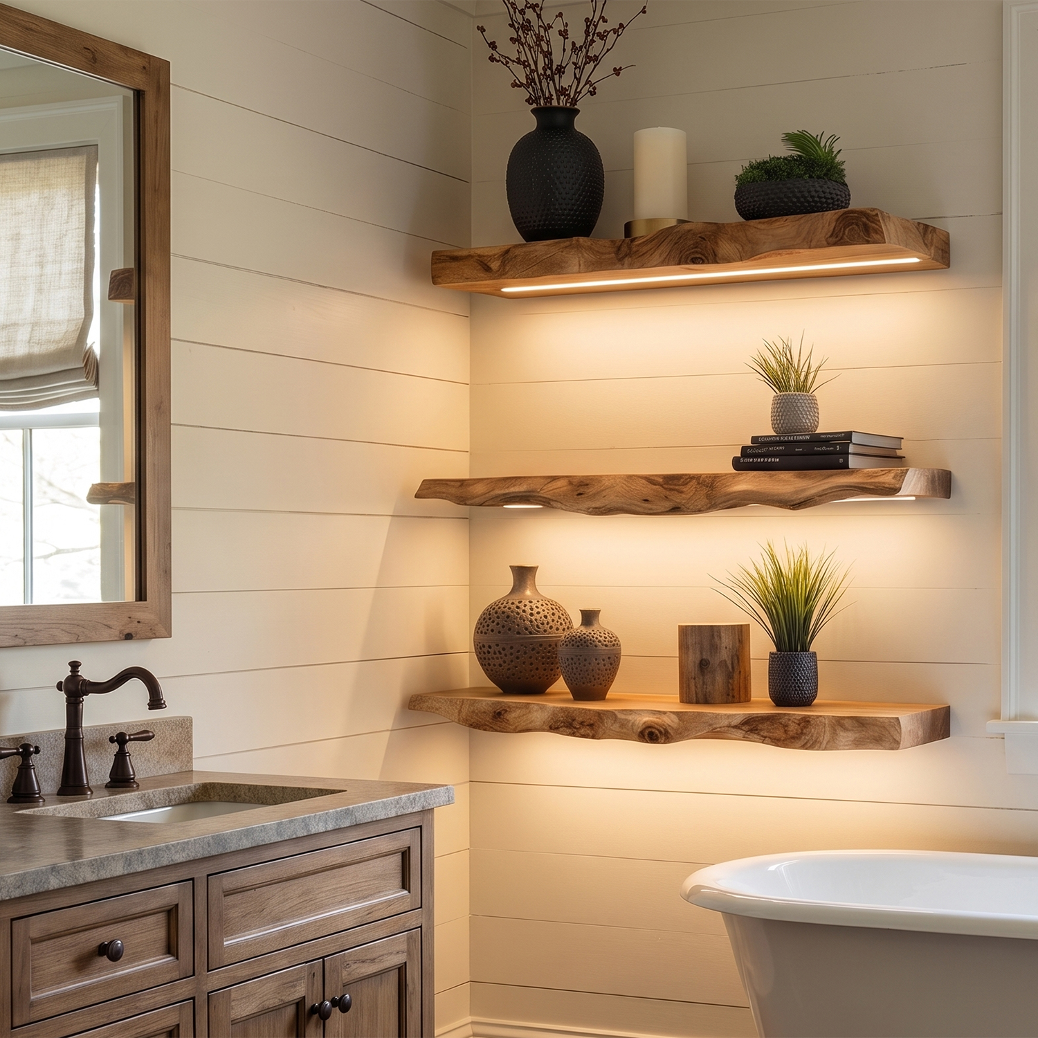LED Wooden Floating Shelves for Bathroom