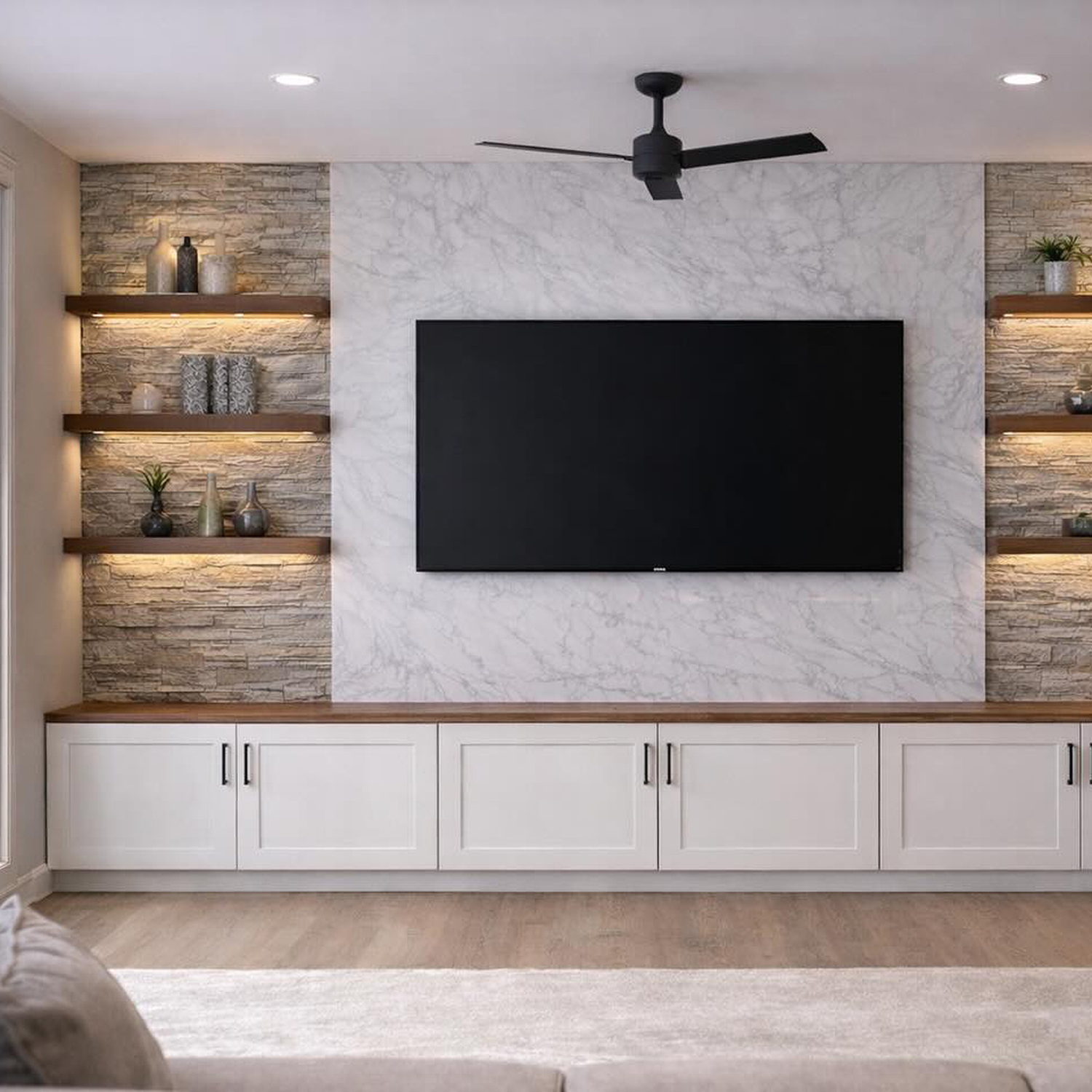 Natural Wood Alcove Shelving with Lights