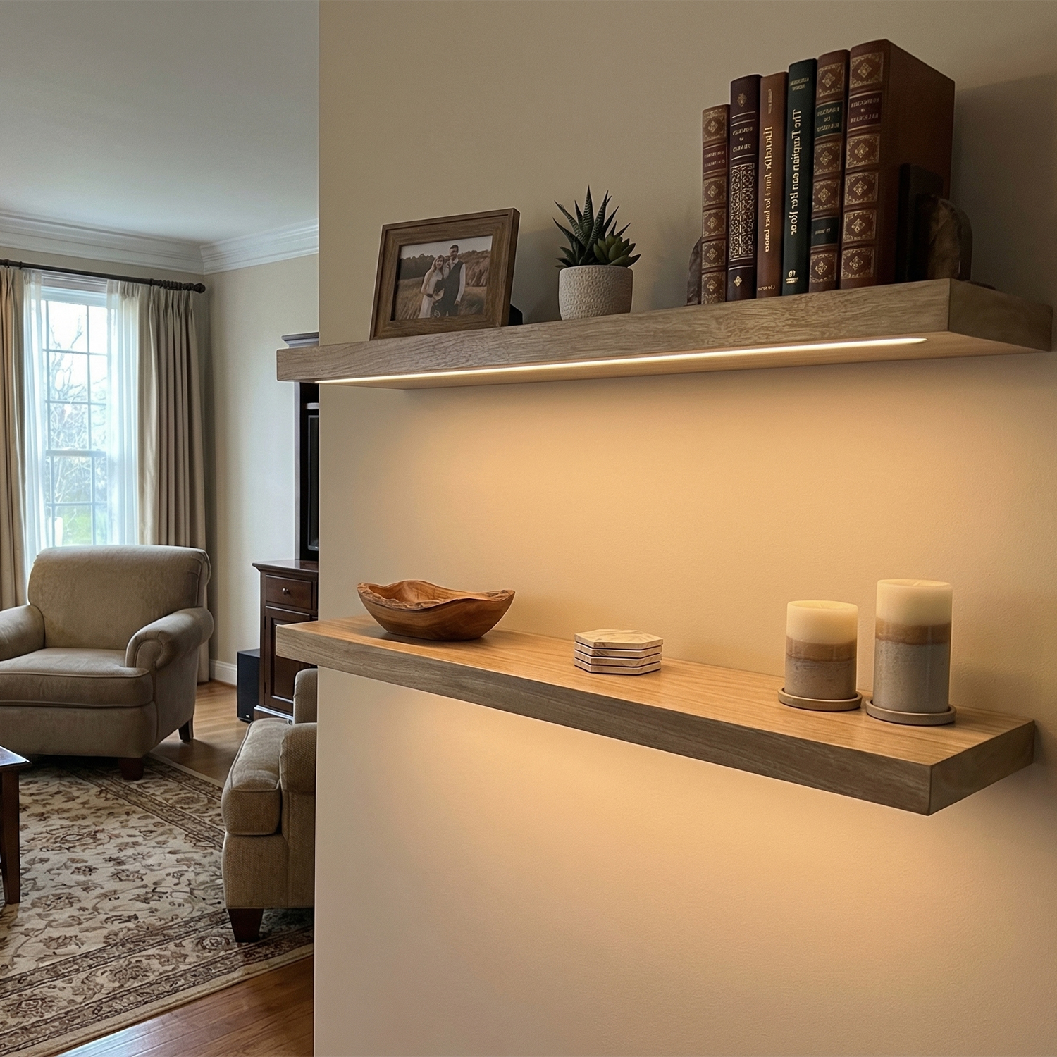 LED Floating Wooden Wall Shelves for Living Room