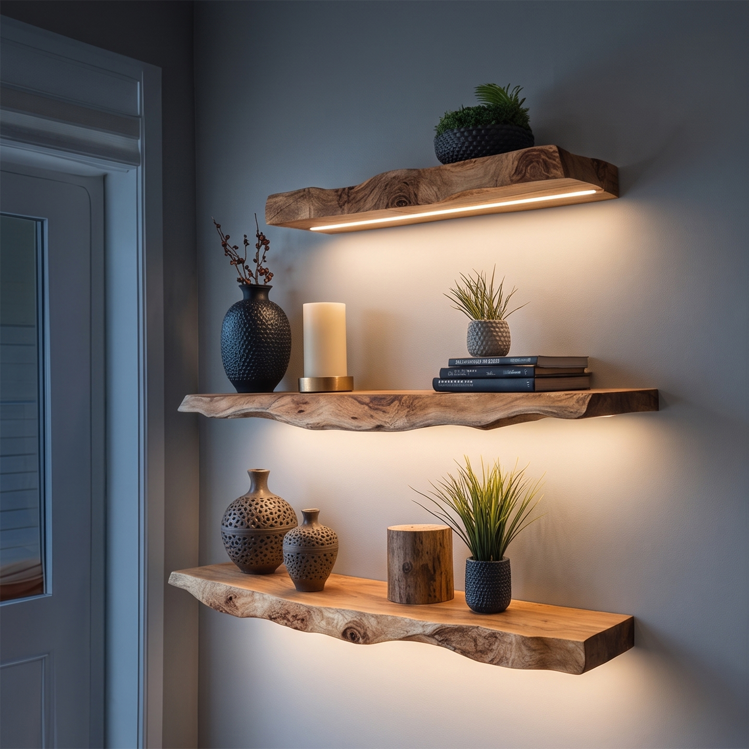 Live Edge Solid Wood Floating Shelves with LED Light