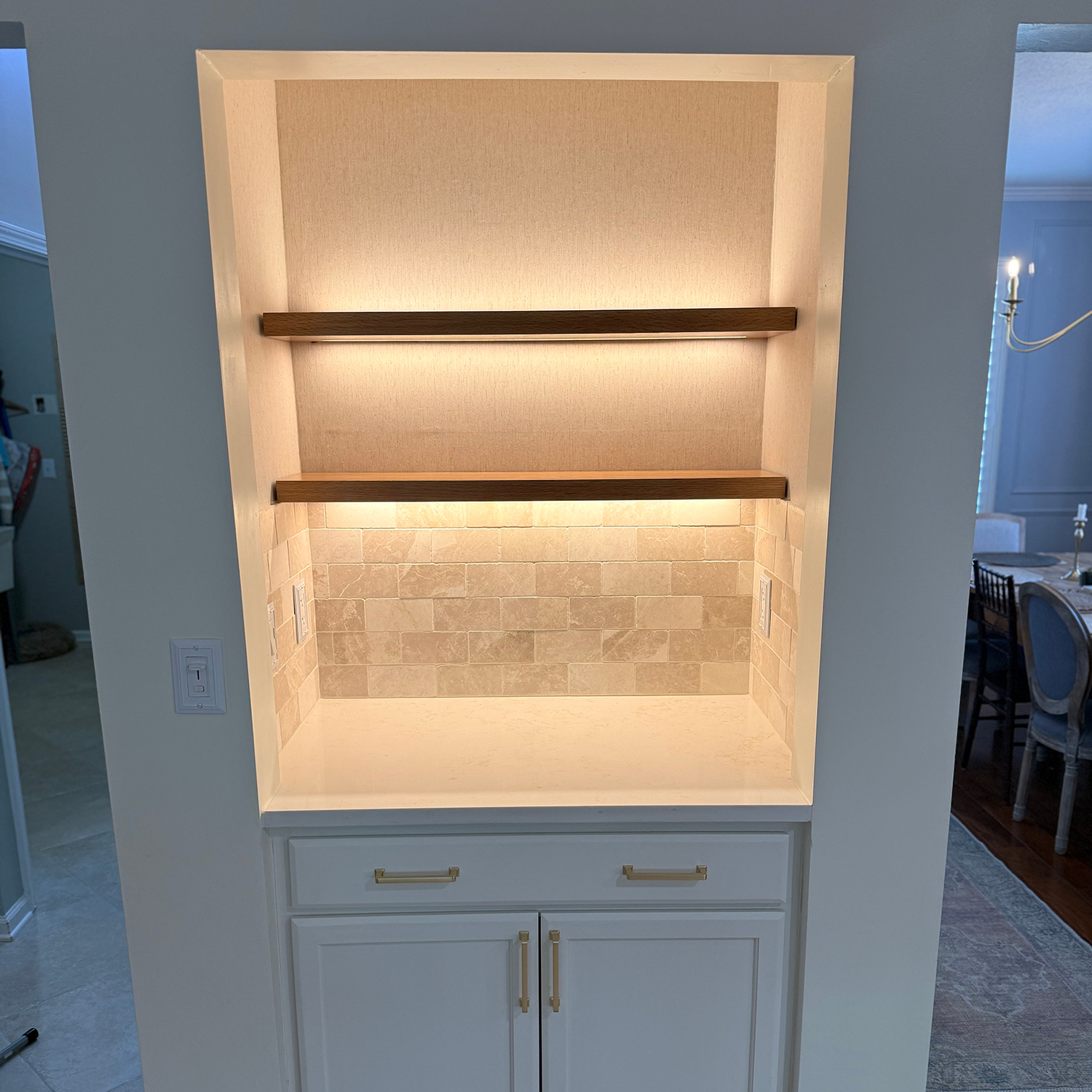 Natural Wood Alcove Shelving with Lights