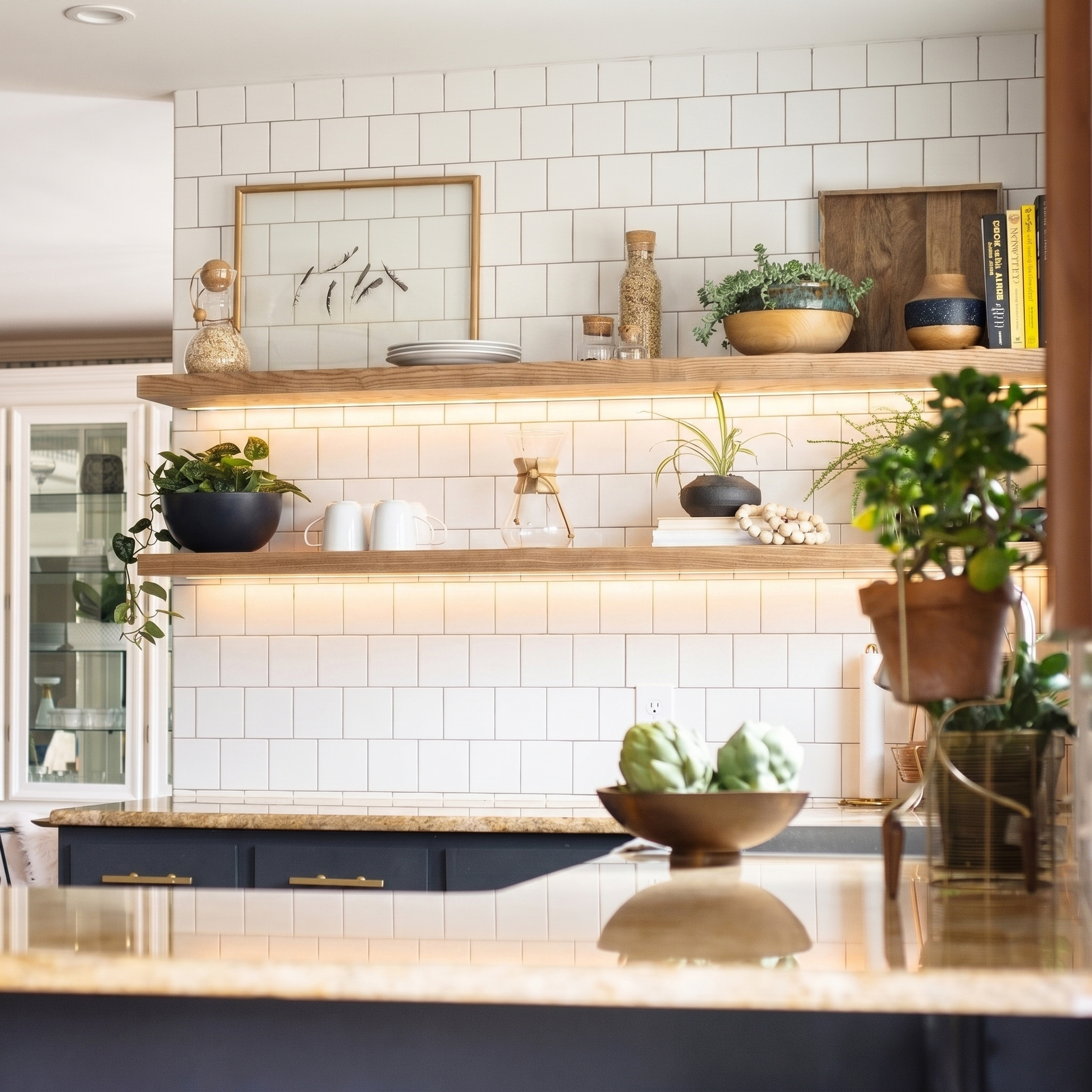 Light Wood Floating Shelves with LED Light