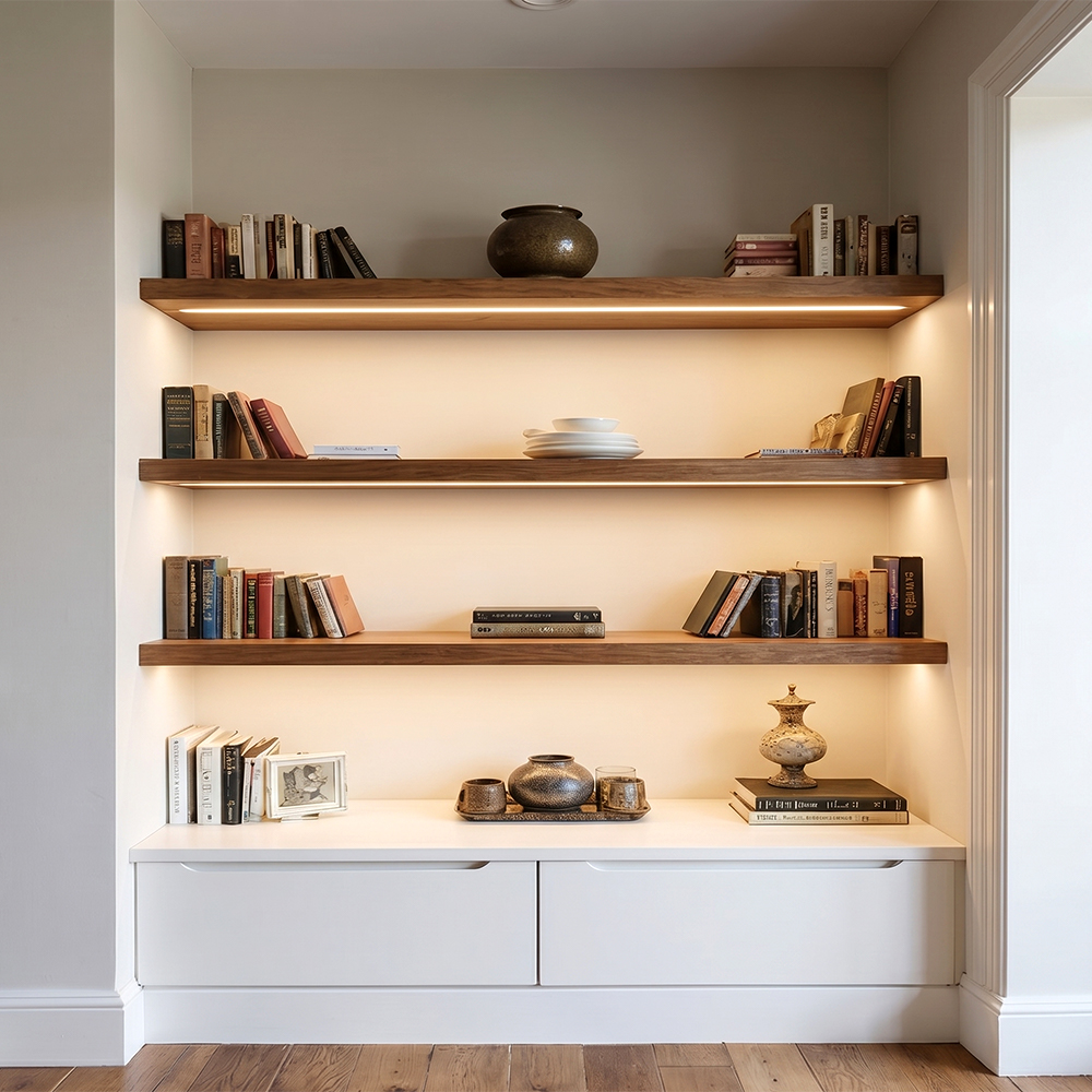 Natural Wood Alcove Shelving with Lights