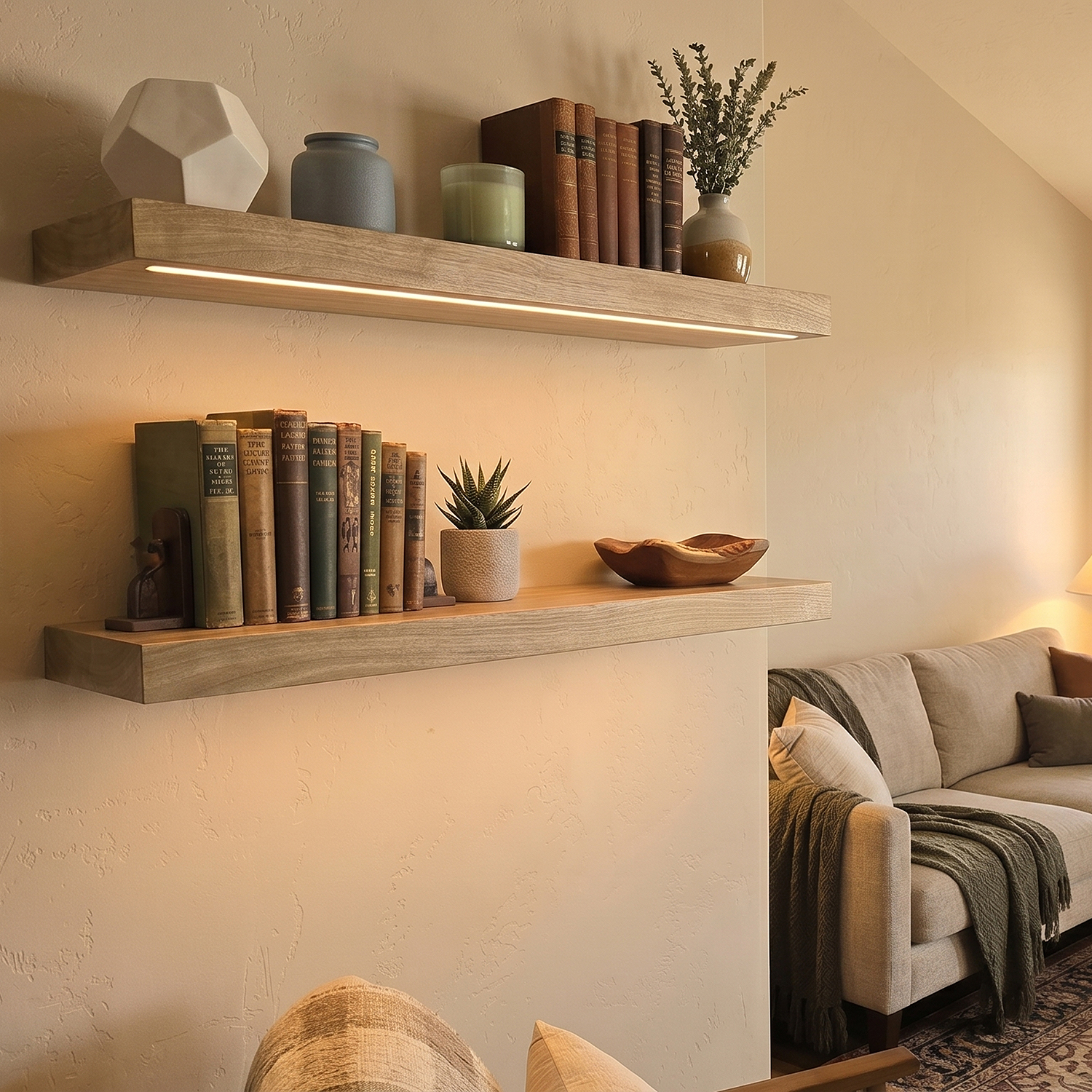 Light Wood Floating Shelves with LED Light