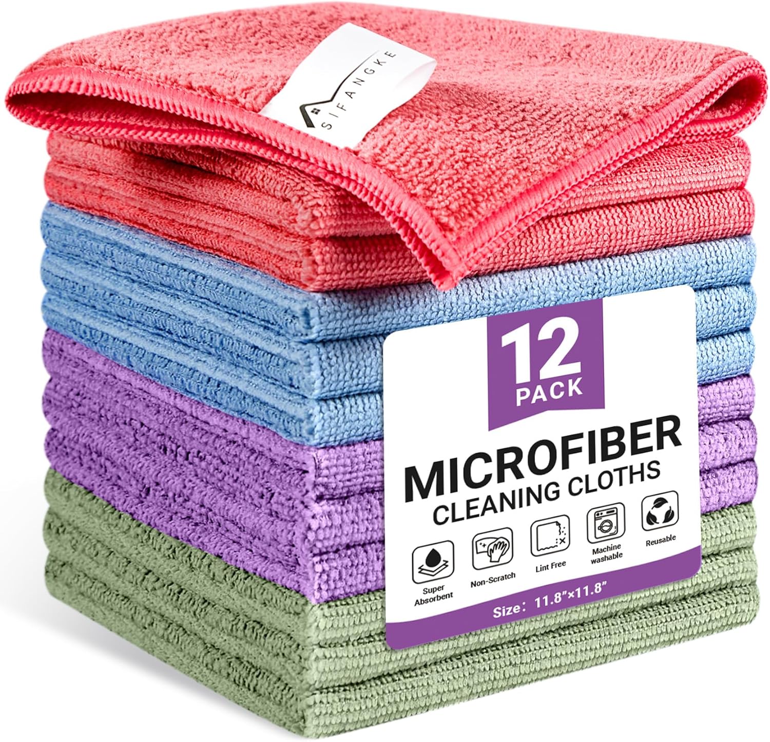 Microfiber Cleaning Cloth, 12 Pack Assorted Color Cleaning Rags for Housekeeping