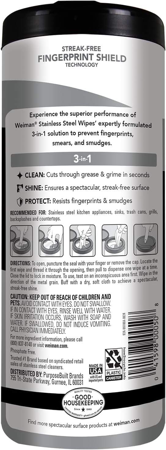 Weiman Stainless Steel Cleaner, 30 Count Cleaning Wipes