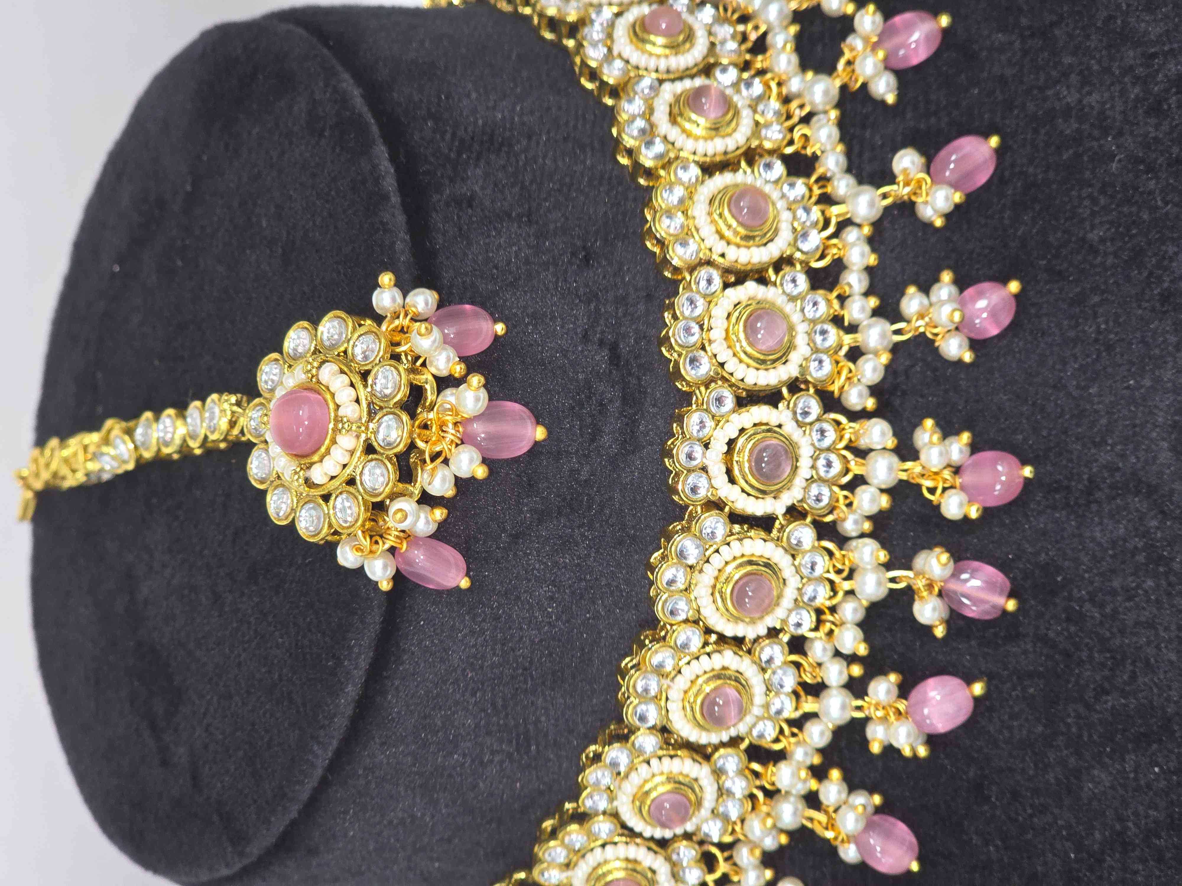 Gold & Pink Stone Necklace Set