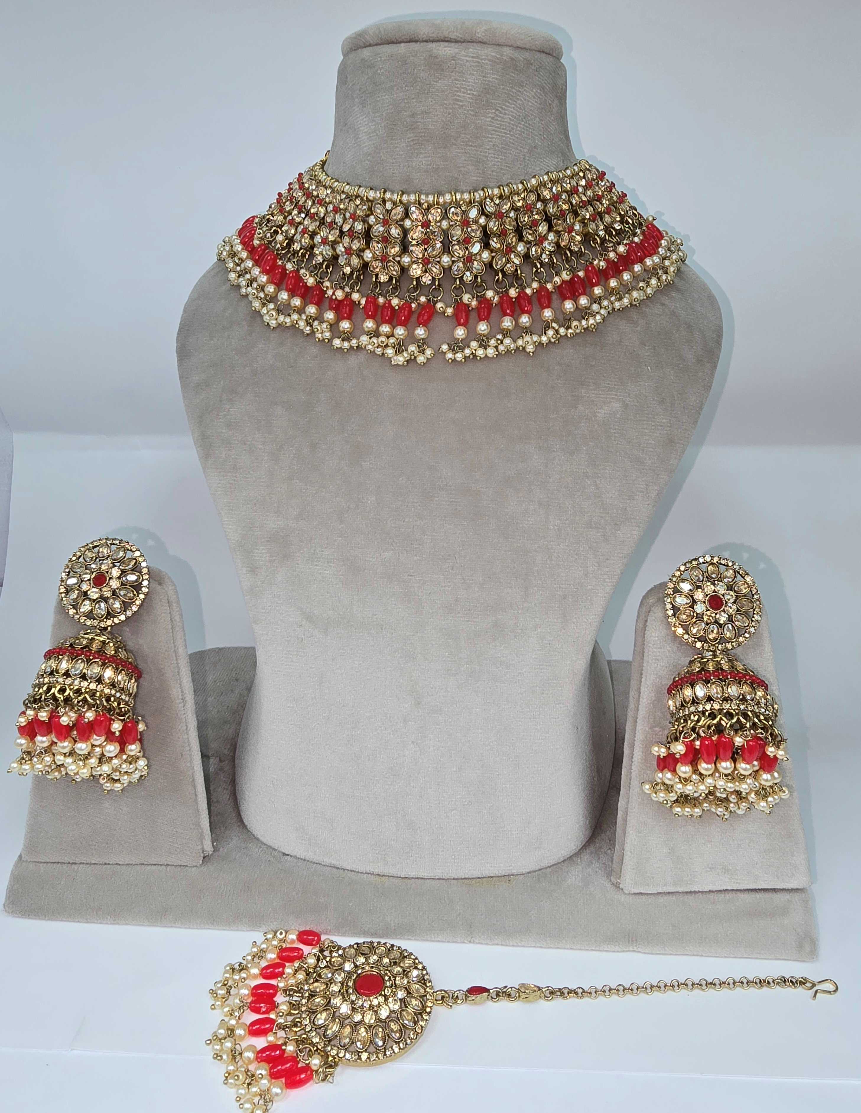 Traditional Pearl & Red Bead Jewellery Set