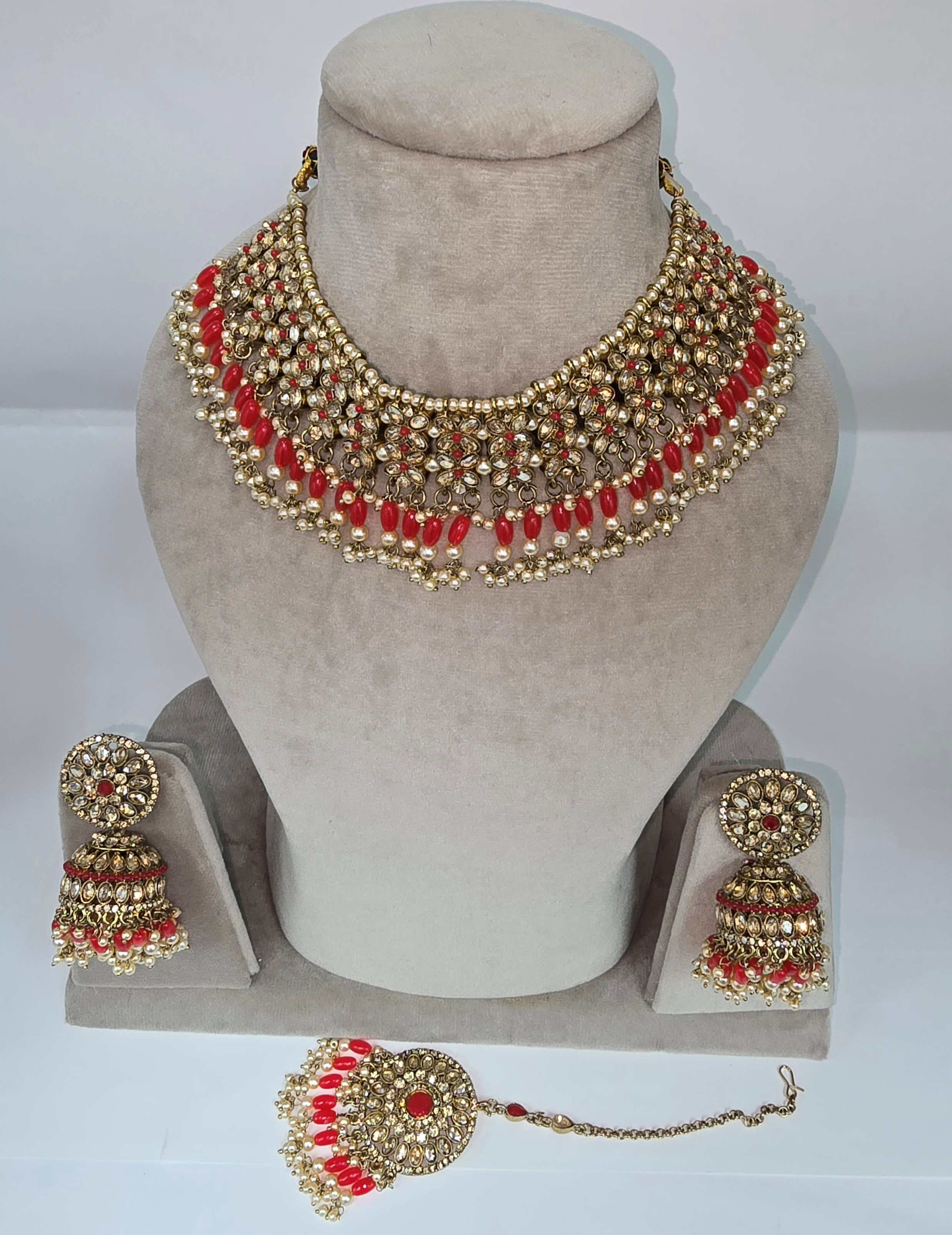 Traditional Pearl & Red Bead Jewellery Set