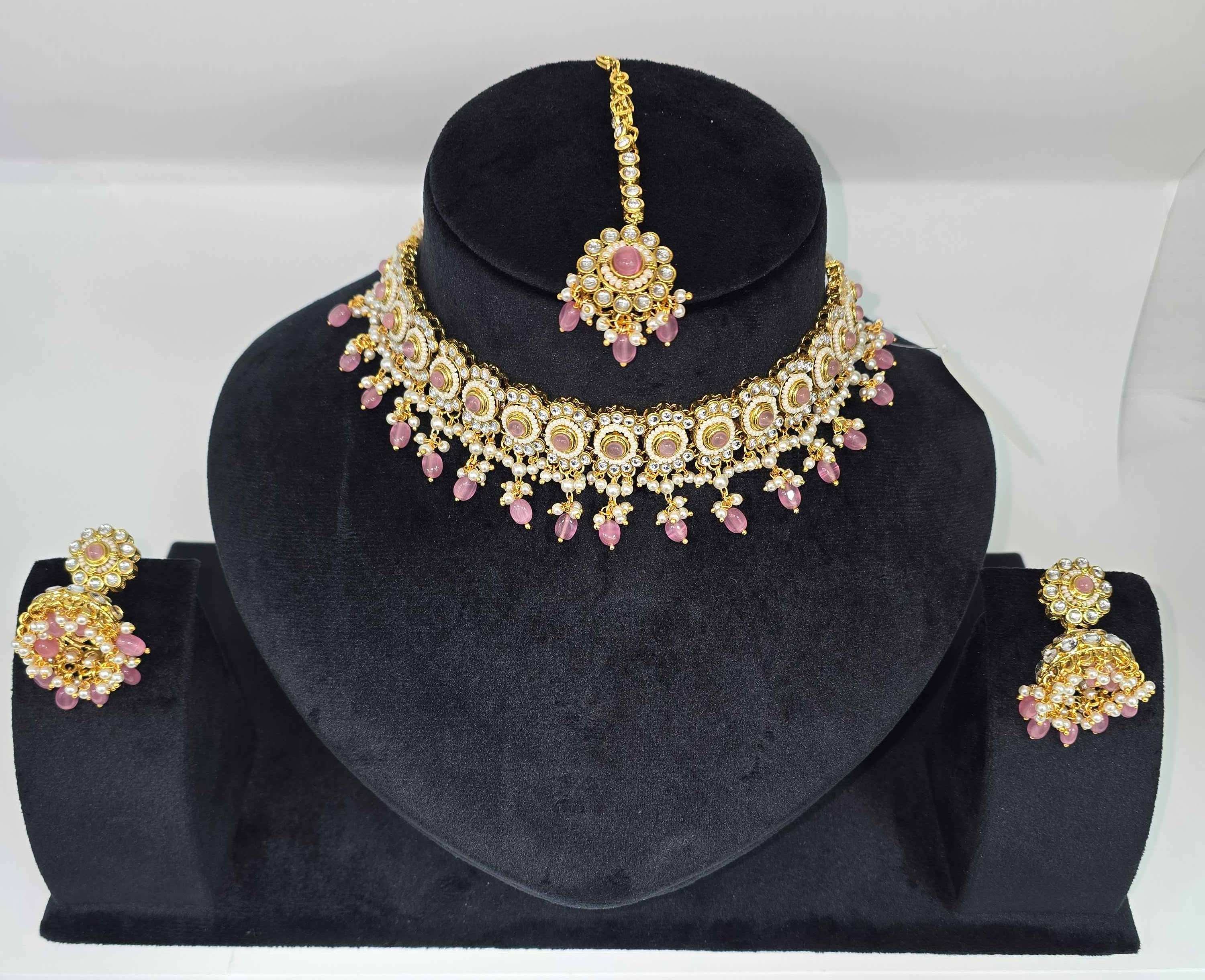 Gold & Pink Stone Necklace Set
