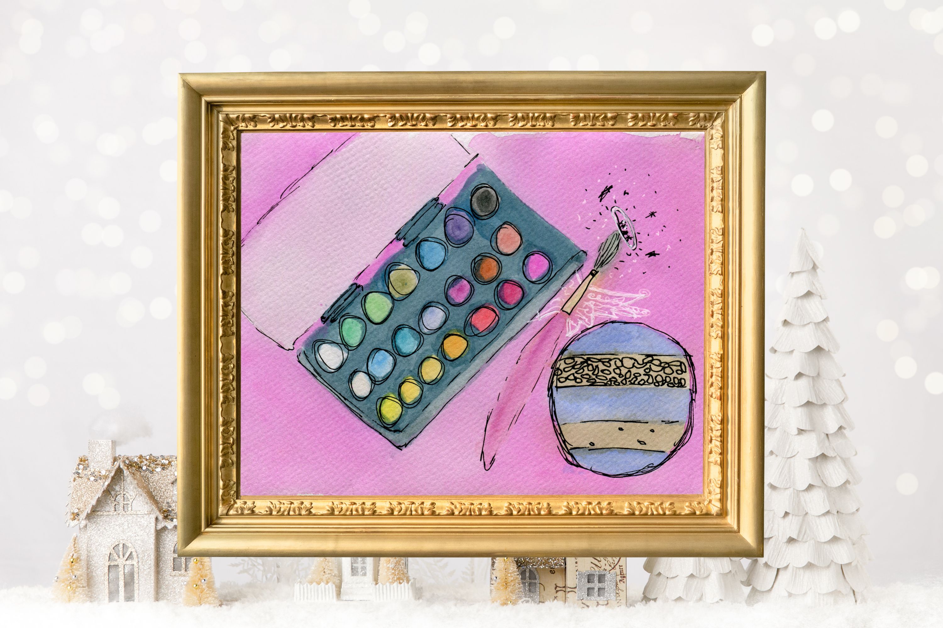 Pink Christmas Art Print: Watercolor Paint Set & Ornament