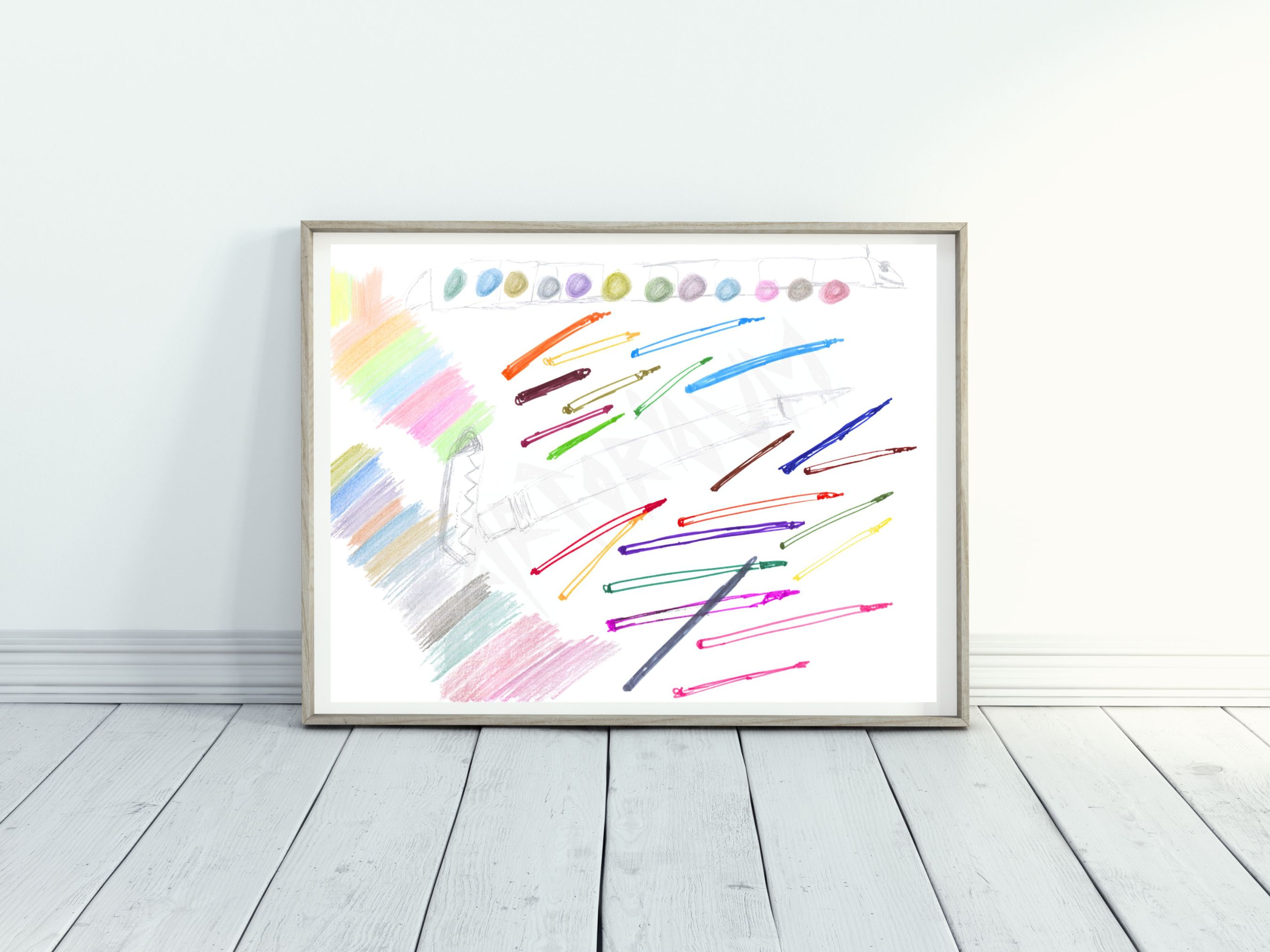 Colorful doodle art print pens and pencils
