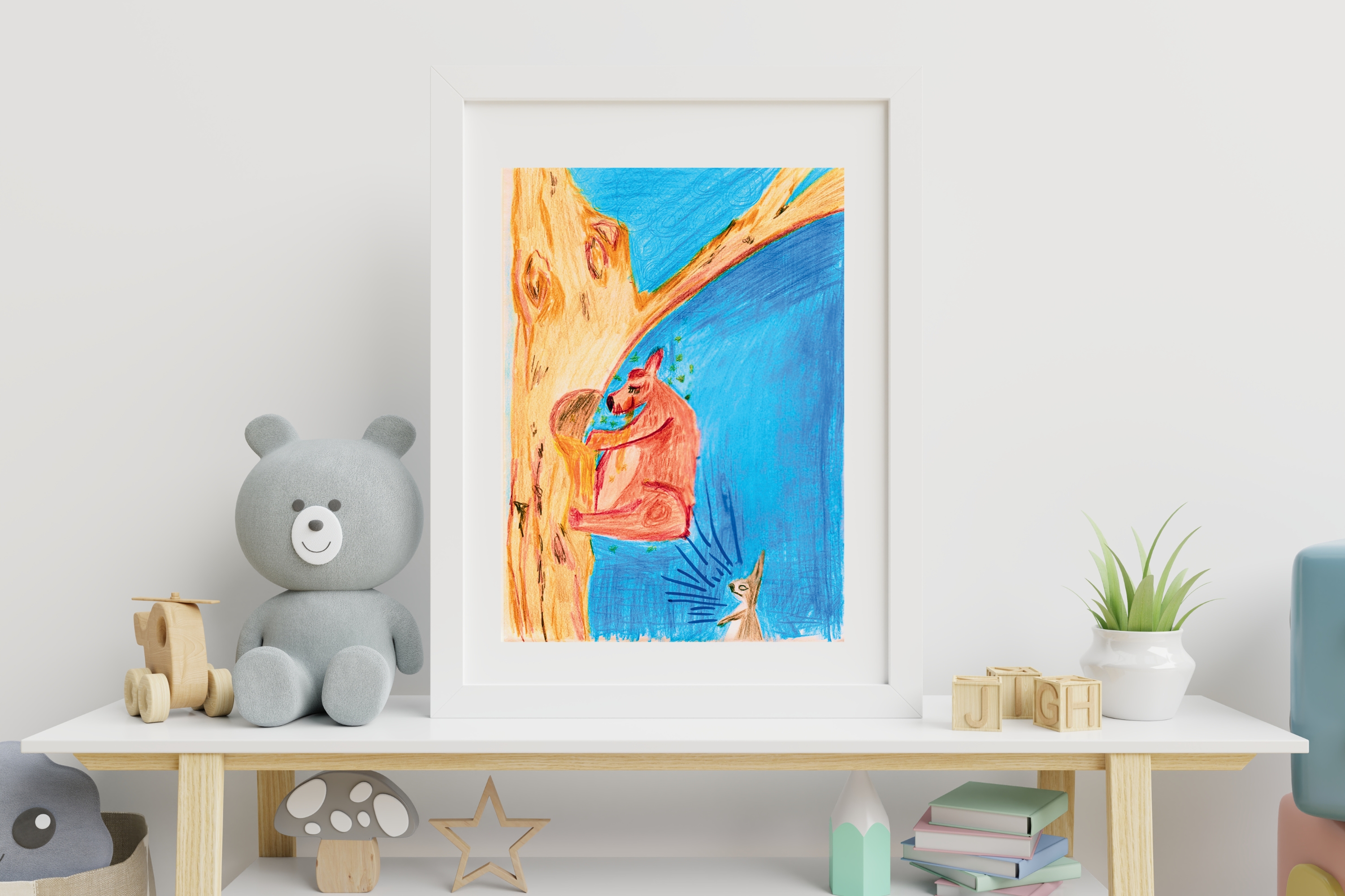 Bear and Rabbit Whimsical Art Print: Honey Tree Doodle