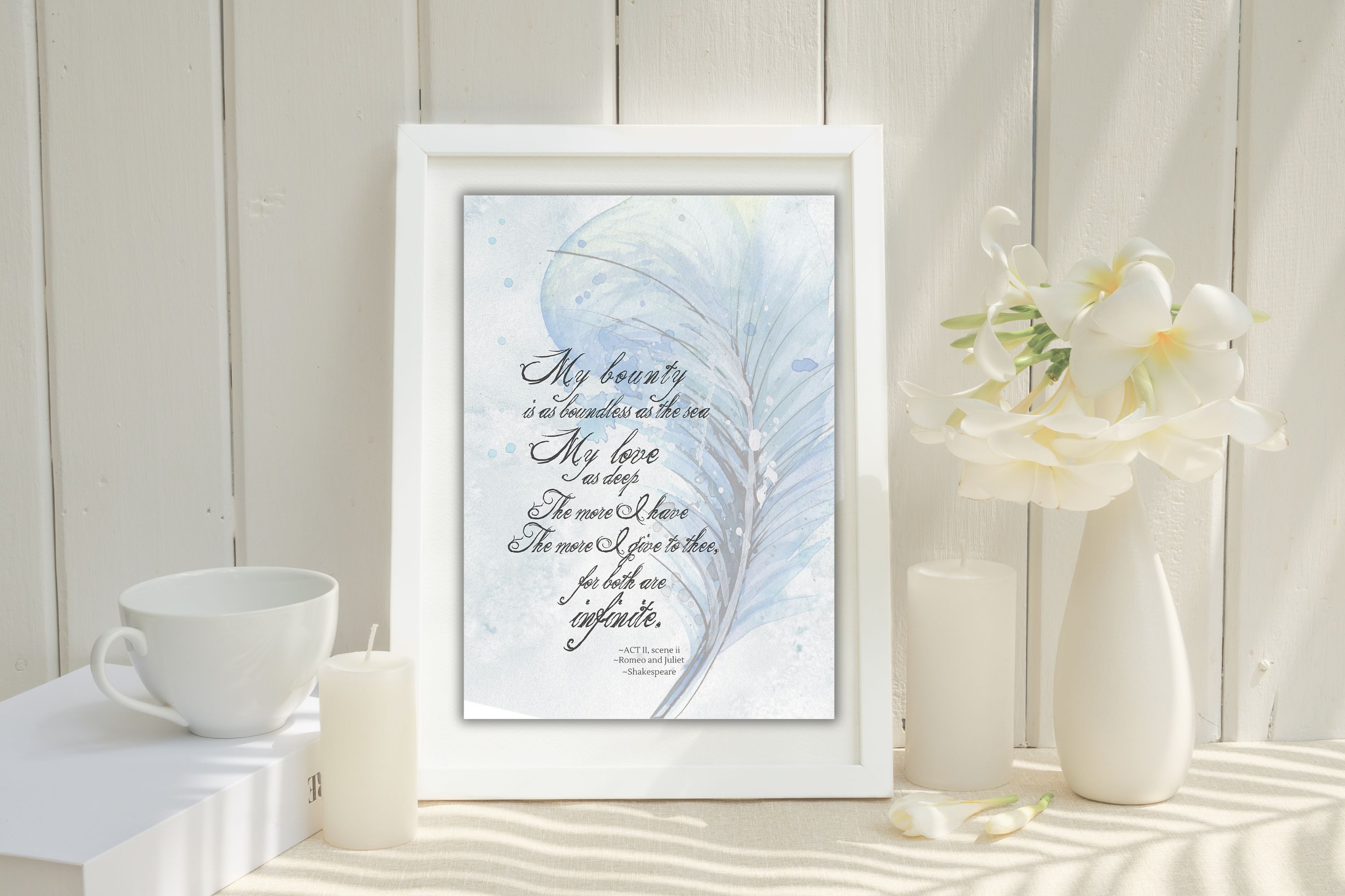 Shakespeare illustrated with a watercolor feather and blue watercolor background quote print, deep love