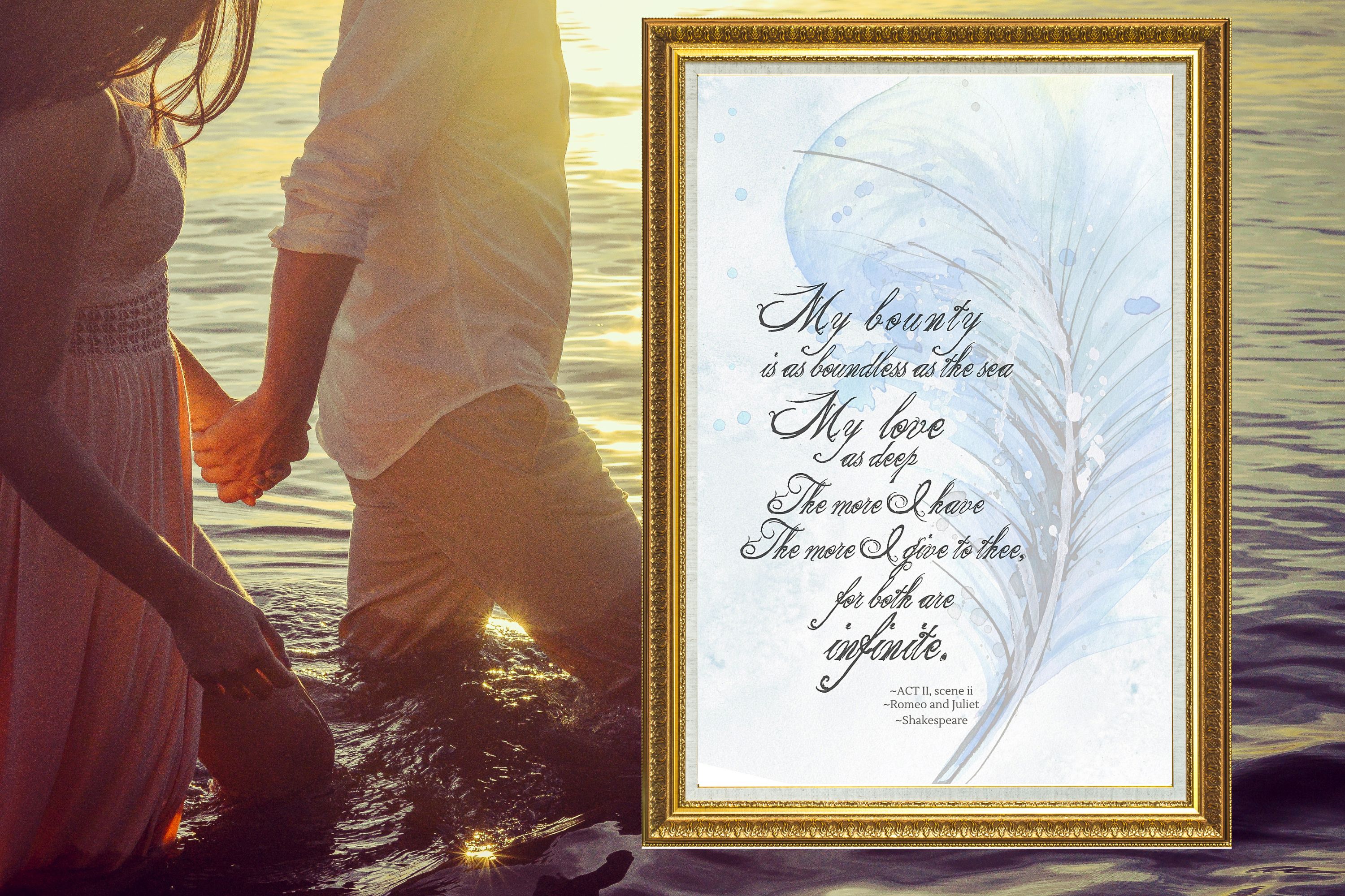 Shakespeare illustrated with a watercolor feather and blue watercolor background quote print, deep love