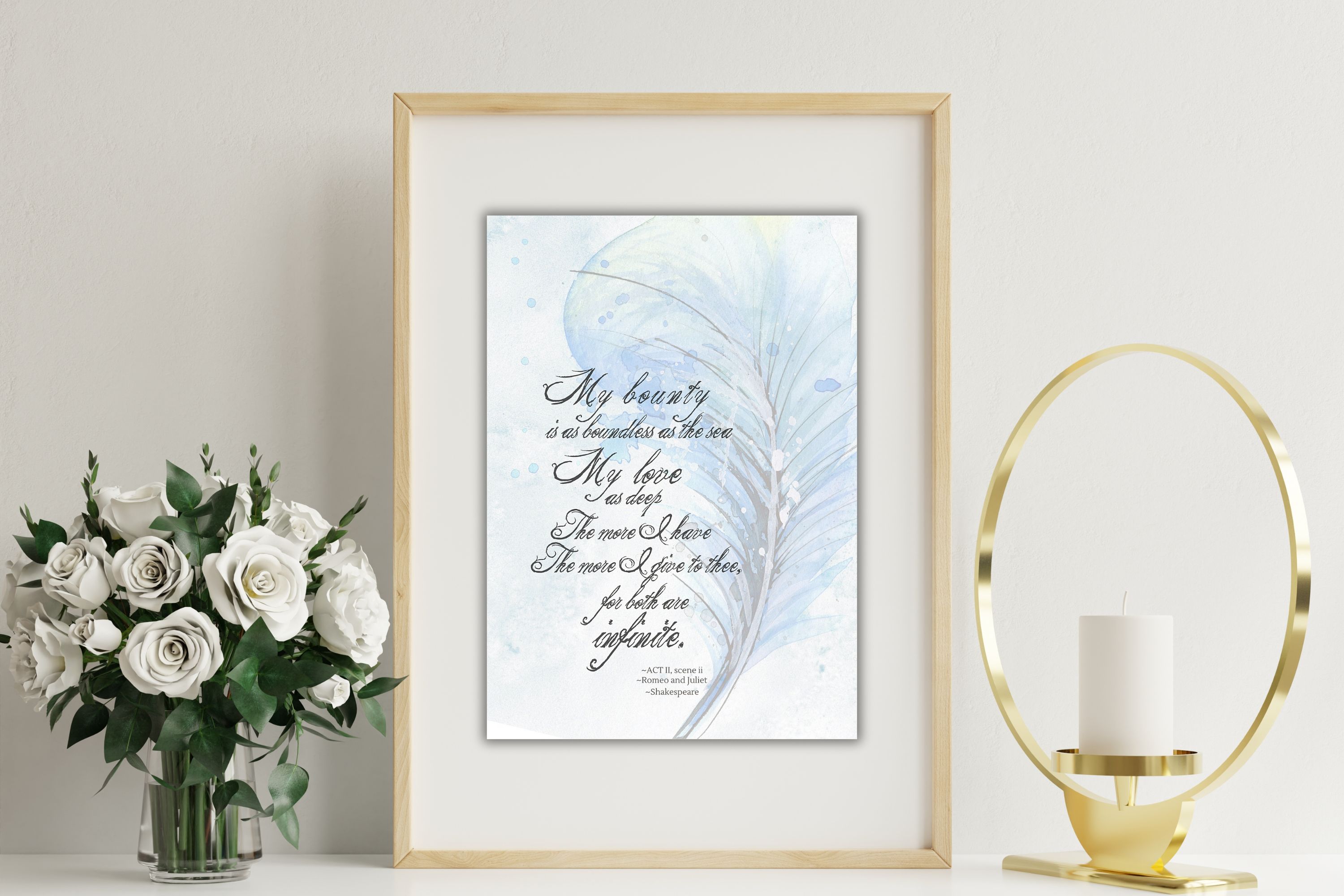 Shakespeare illustrated with a watercolor feather and blue watercolor background quote print, deep love